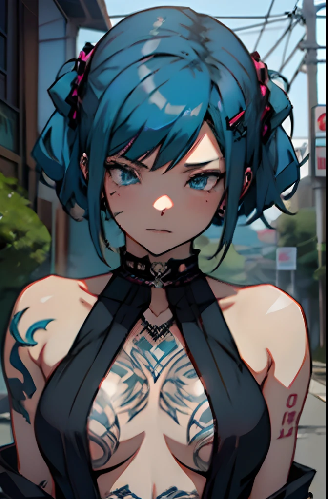 hair adornments、piercings、The tattoo、goth_punk, 1girl in, 独奏,、top-quality, Photorealistic, An ultra-fine illustrations, beautiful attractive anime girl, miku hatsune, Slender body, Tied hair, furious、Furious、one girls, a photo of girl, Full body shot, Beautiful blue eyes, Turned,耳Nipple Ring、hair adornments、jewely、miku hatsune、