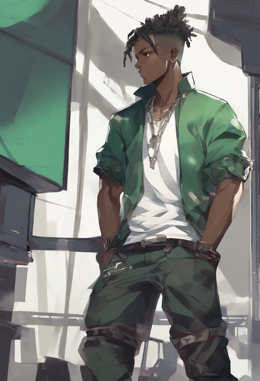 a close up of a dark skin person in a dark green shirt with black sleeves, ripped jeans with chained belt equipped and sneaker, African American character in tekken, emerald green eyes, faded crew cut hair, full body close-up shot, male character, single character full body, full body shot hyperdetailed, style of mirror\'s edge, kentaro miura style, full body render, daigo ikeno, highly detailed full body, full body portrait shot
