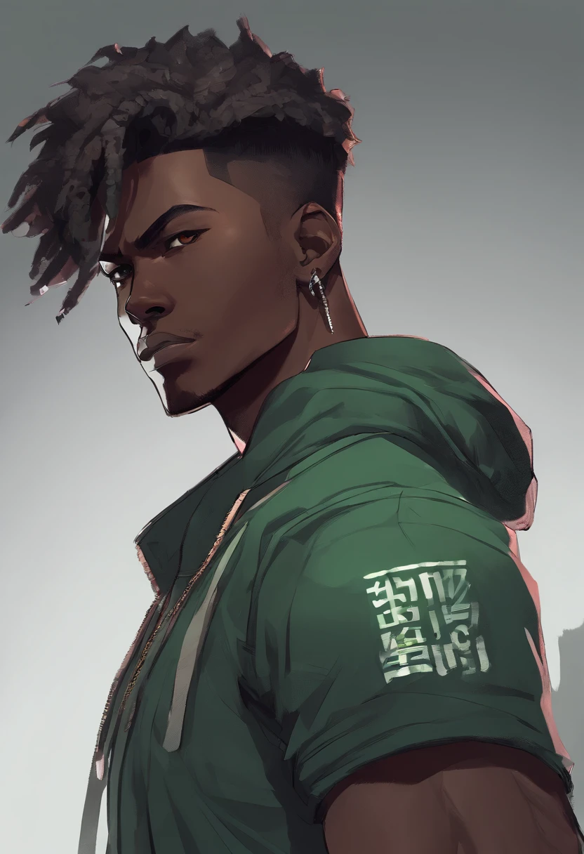 a close up of a dark skin person in a dark green shirt with black sleeves, ripped jeans with chained belt equipped and sneaker, African American character in tekken, emerald green eyes, faded crew cut hair, full body close-up shot, male character, single character full body, full body shot hyperdetailed, style of mirror\'s edge, kentaro miura style, full body render, daigo ikeno, highly detailed full body, full body portrait shot