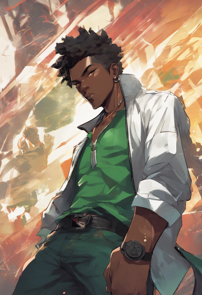 a close up of a dark skin person in a dark green shirt with black sleeves, ripped jeans with chained belt equipped and sneaker, African American character in tekken, emerald green eyes, faded crew cut hair, full body close-up shot, male character, single character full body, full body shot hyperdetailed, style of mirror\'s edge, kentaro miura style, full body render, daigo ikeno, highly detailed full body, full body portrait shot