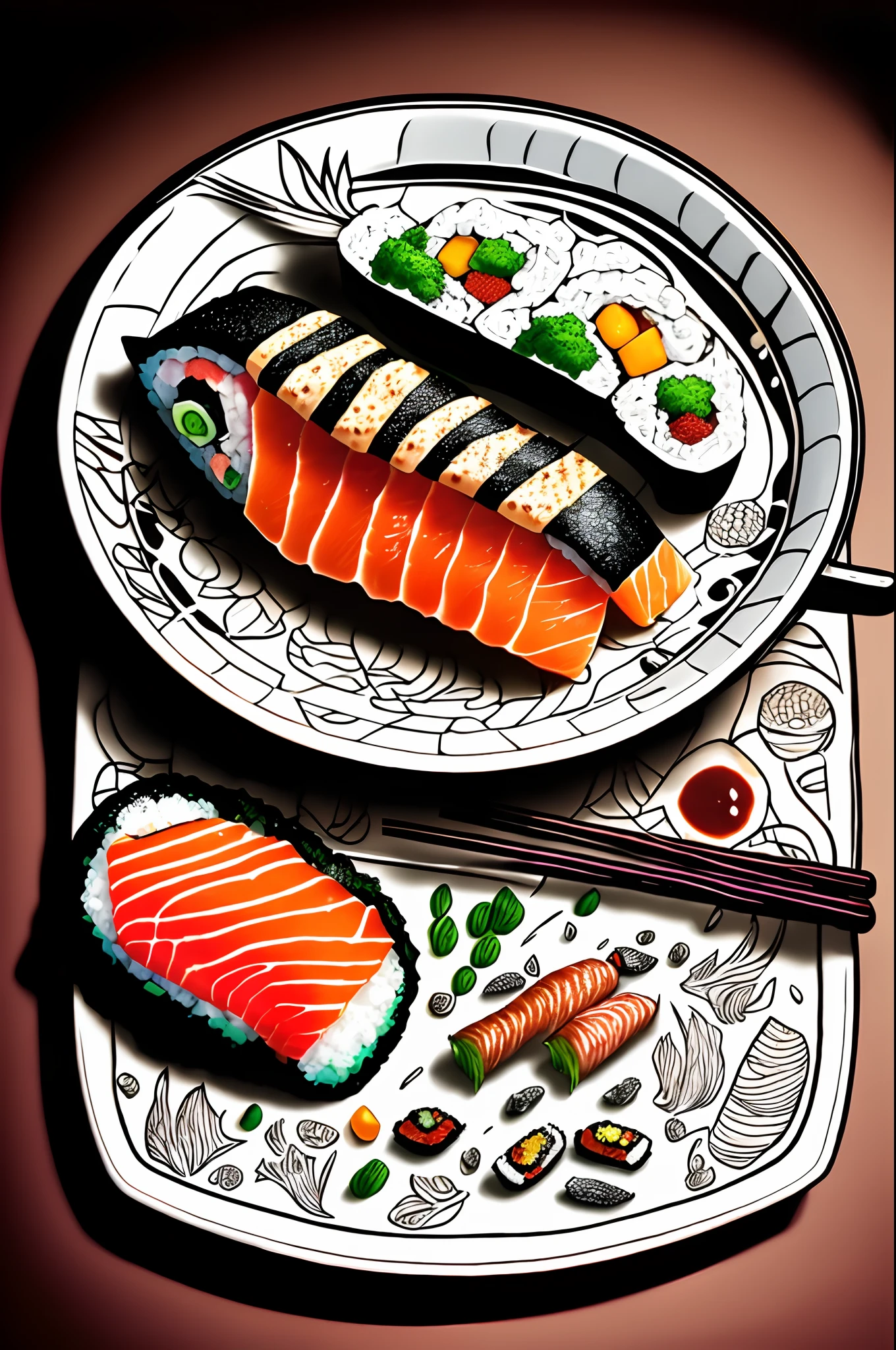 20 pieces of sushi in the foreground. High Quality, ultra-detail,Visualize an exceptionally realistic sushi box with a mermaid sitting inside., Hold a bottle of soy sauce.. She's pouring sauce over a piece of sushi., Add an extra touch of flavor and look like a perfect blend of flavors..Coloring pages for adults, Mandala, Sushi pictures (Salmon, Sashimi and nigiri), White background, Clean Line Art, Fine Line Art --HD--AR