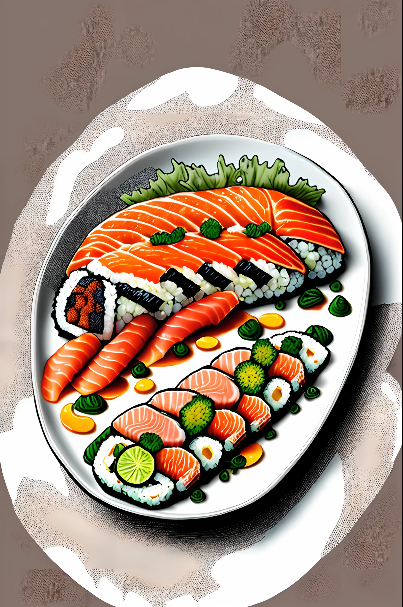 20 pieces of sushi in the foreground. High Quality, ultra-detail,Visualize an exceptionally realistic sushi box with a mermaid sitting inside., Hold a bottle of soy sauce.. She's pouring sauce over a piece of sushi., Add an extra touch of flavor and look like a perfect blend of flavors..Coloring pages for adults, Mandala, Sushi pictures (Salmon, Sashimi and nigiri), White background, Clean Line Art, Fine Line Art --HD--AR