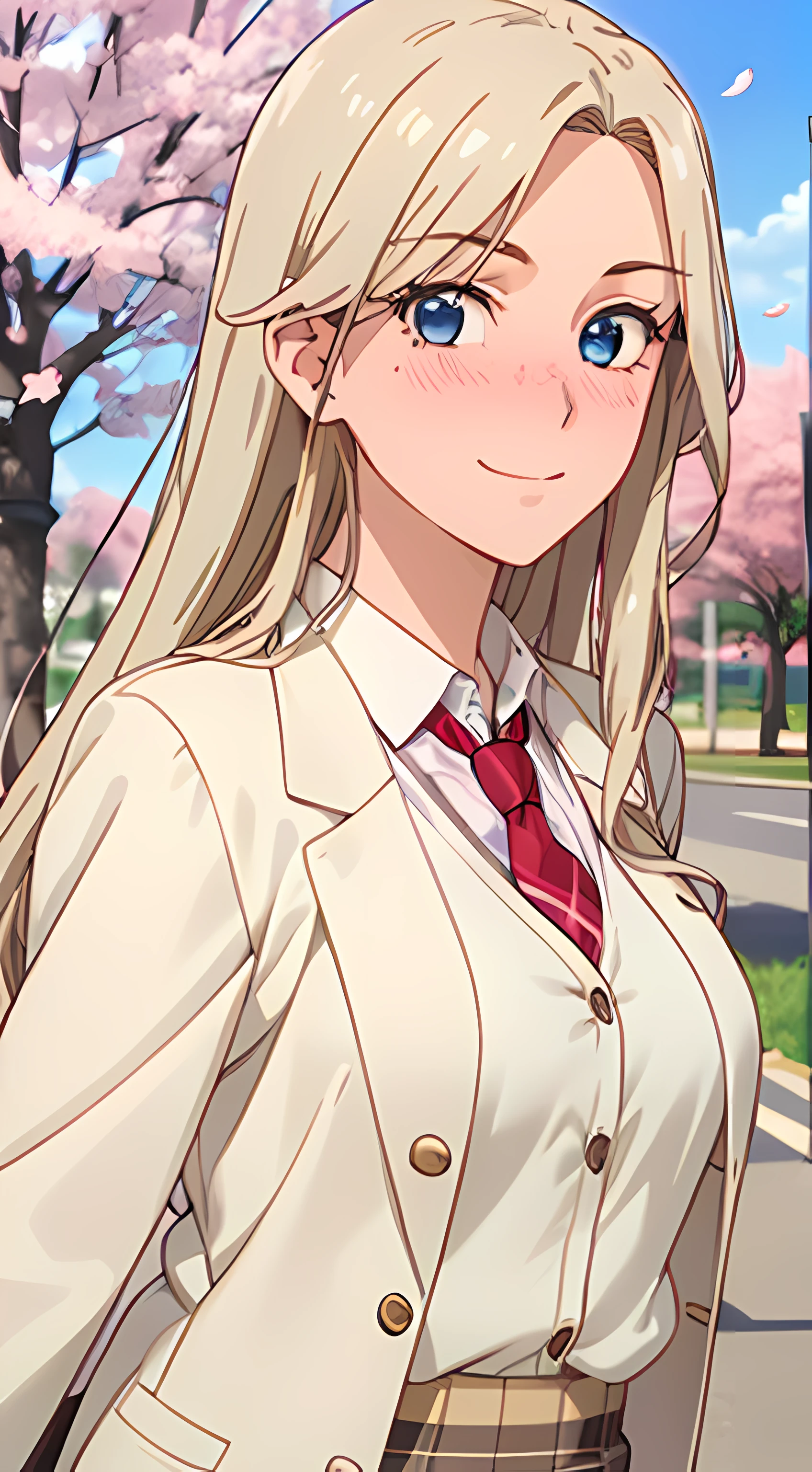 ((masterpiece, best quality, highres, UHD, perfect pixel, depth of field, 4k, RTX, HDR))), 1girl, single, solo, beautiful anime girl, beautiful artstyle, anime character, ((long hair, parted bangs, blonde hair)), ((blue eyes:1.4, rounded eyes, realistic eyes)), ((eyelashes, ultra-detailed eyelashes, smooth eyelashes)), ((detailed face, blushing:1.2)), ((smooth texture:0.75, realistic texture:0.65, photorealistic:1.1, anime CG style)), medium breasts, dynamic angle, perfect body, ((POV, dynamic pose)), ((red necktie, white shirt, brown cardigan, long sleeve, black skirt, plaid skirt, black jacket, open jacket)), smile, amusement park, ((cherry blossom tree, cherry blossoms fall)), natural light, bright sky, sunshine