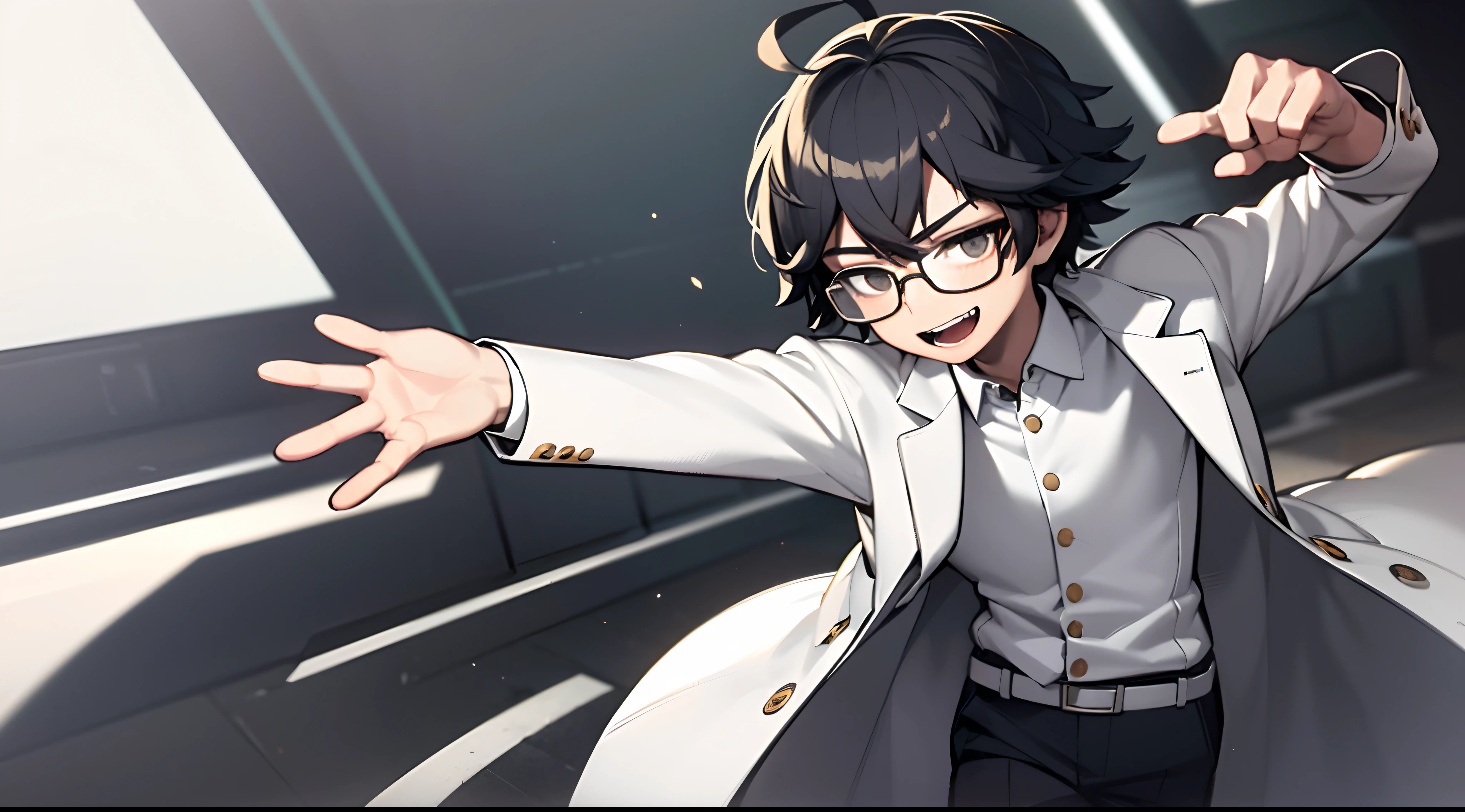 ((masterpiece, best quality)), (1boy), (solo), (male focus), (ahoge, black hair, short hair), (3D cinema glasses)) black eyes, slight smile, open mouth, ((white coat), (buttoned coat), (button opening)), ((black pants), (long pants)), standing, two arms, five fingers, white background, right angle