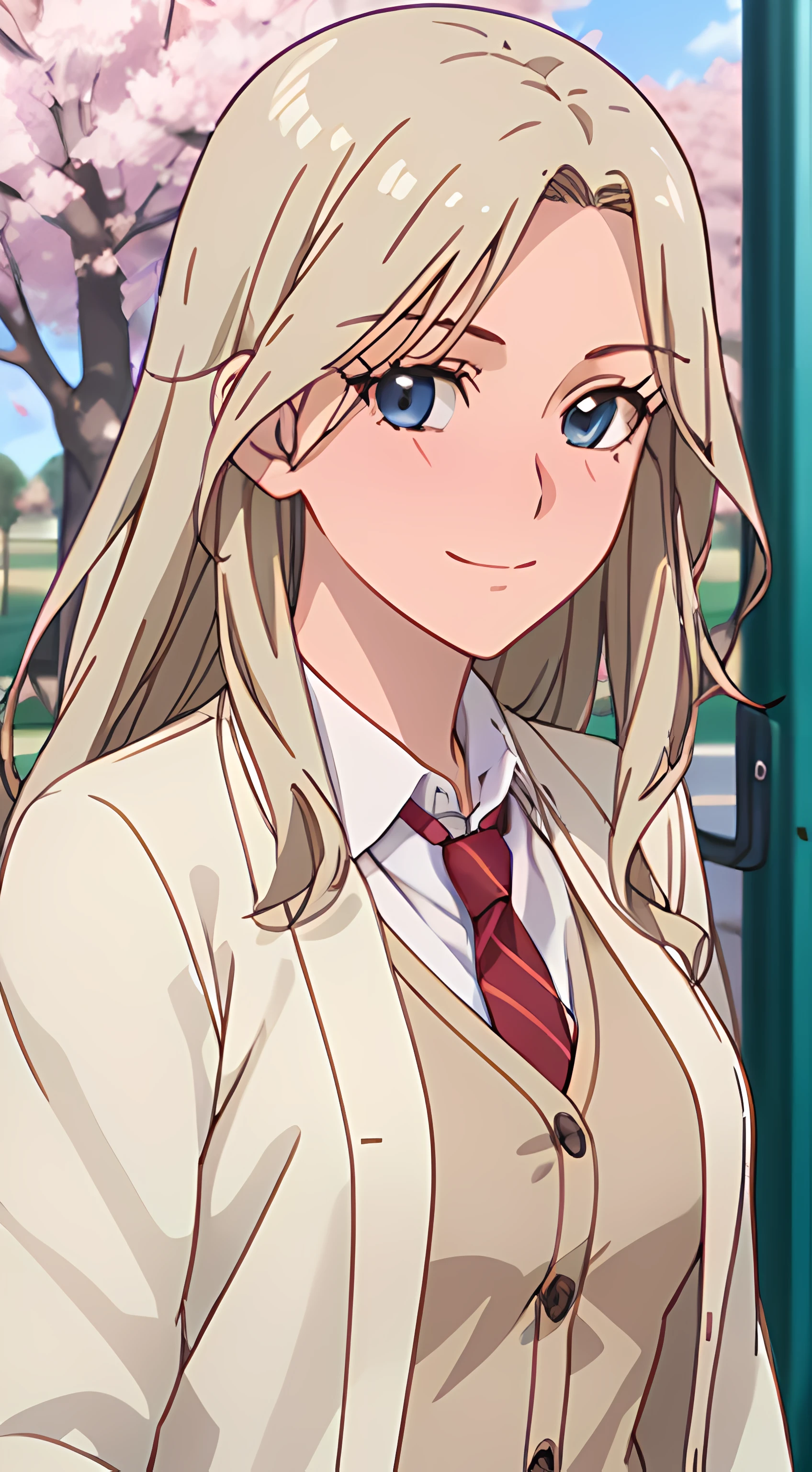 ((masterpiece, best quality, highres, UHD, perfect pixel, depth of field, 4k, RTX, HDR))), 1girl, single, solo, beautiful anime girl, beautiful artstyle, anime character, ((long hair, parted bangs, blonde hair)), ((blue eyes:1.4, rounded eyes, realistic eyes)), ((eyelashes, ultra-detailed eyelashes, smooth eyelashes)), ((detailed face, blushing:1.2)), ((smooth texture:0.75, realistic texture:0.65, photorealistic:1.1, anime CG style)), medium breasts, dynamic angle, perfect body, ((POV, dynamic pose)), ((red necktie, white shirt, brown cardigan, long sleeve, black skirt, plaid skirt, black jacket, open jacket)), smile, amusement park, ((cherry blossom tree, cherry blossoms fall)), natural light, bright sky, sunshine