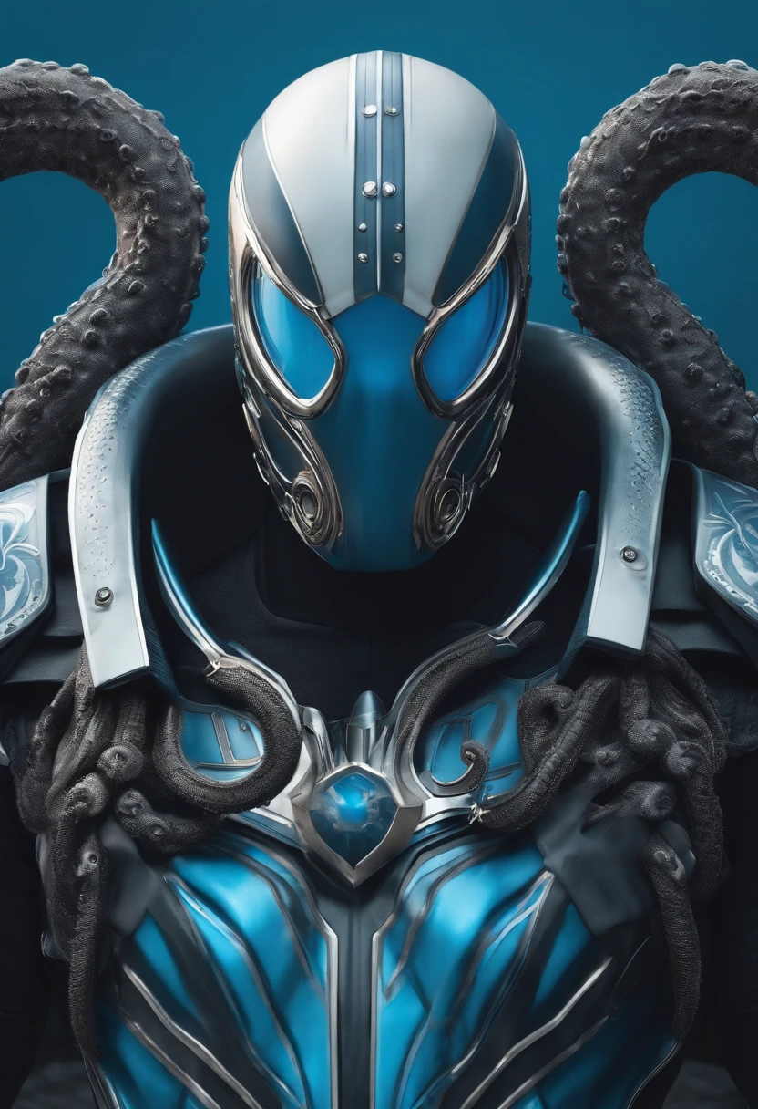Homem careca, Redbeard Robot SeaArt Txt2Img Standard 23:11:28 Create a realistic 8k HD Ultra image of a Marvel character in a costume inspired by the Spider-Man costume only that this superhero would have the costume inspired by an octopus, ele seria o homem polvo, com seu traje em tons de branco azul Ciano azul claro e azul escuro seu traje tem um lindo perfeito e detalhado ,Details with octopus tentacles, Ventosas ,no estilo Homem-Aranha do aranhaverso,Costume inspiration of superhero costume is an octopus. White gloves on hands with silver details,symbol of a blue octopus right in the center of the breastplate of the superhero costume