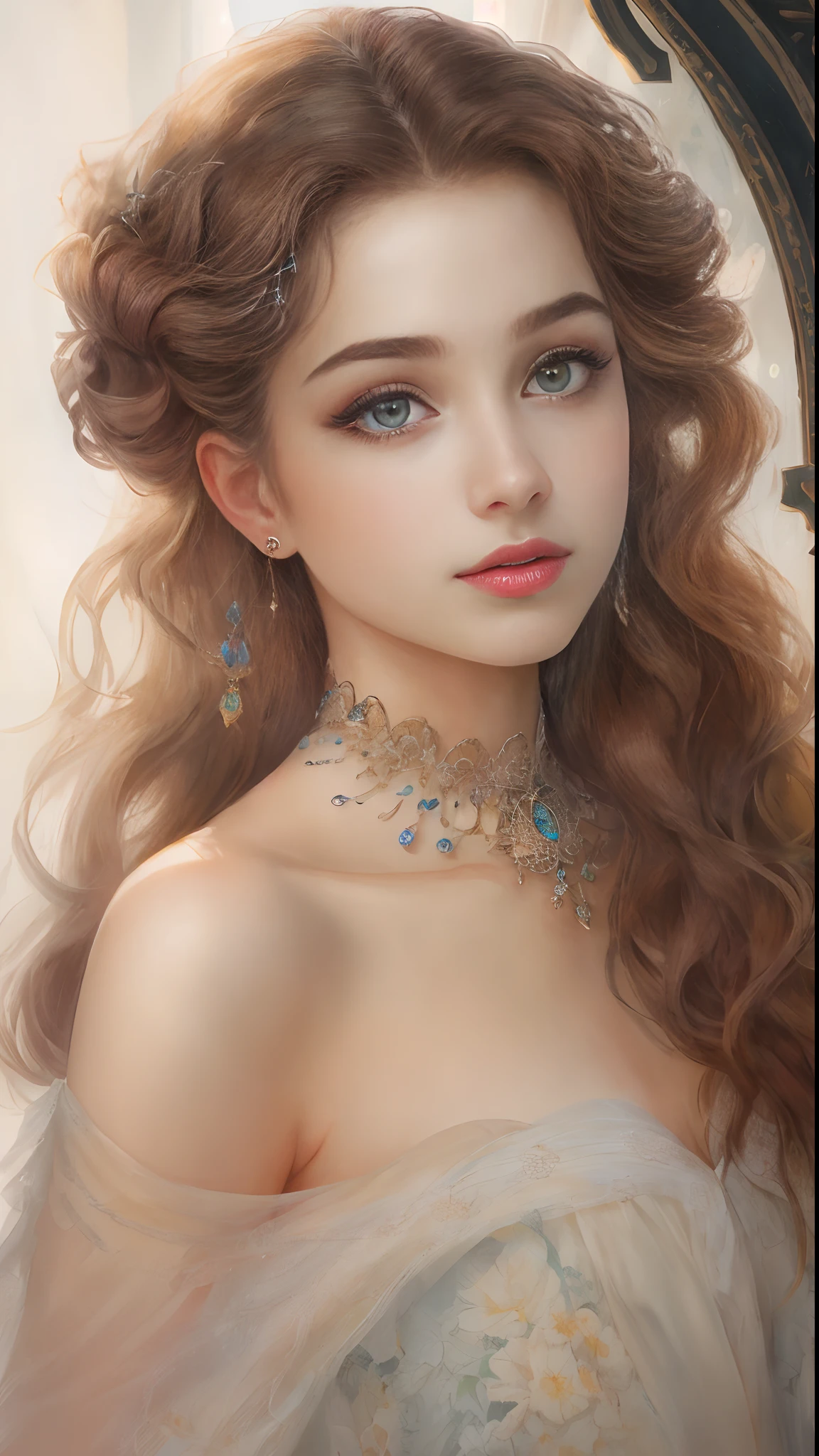 (Best quality, 4K, 8K, A high resolution, Masterpiece:1.2), Ultra-detailed, Realistic portrait of an 18 year old aristocratic girl, Exquisite facial features，Long brown curly hair details expressed, The posture is leisurely and natural，Graceful posture, Dreamy atmosphere, expressive brush strokes, mystical ambiance, Artistic interpretation,Delicately coiled hair，Floral jewelry with exquisite details, Crystal diamond jewelry，Small fresh aesthetics，Stunning intricate costumes, Fantasy illustration, Subtle colors and tones, mystical aura,The details have been upgraded