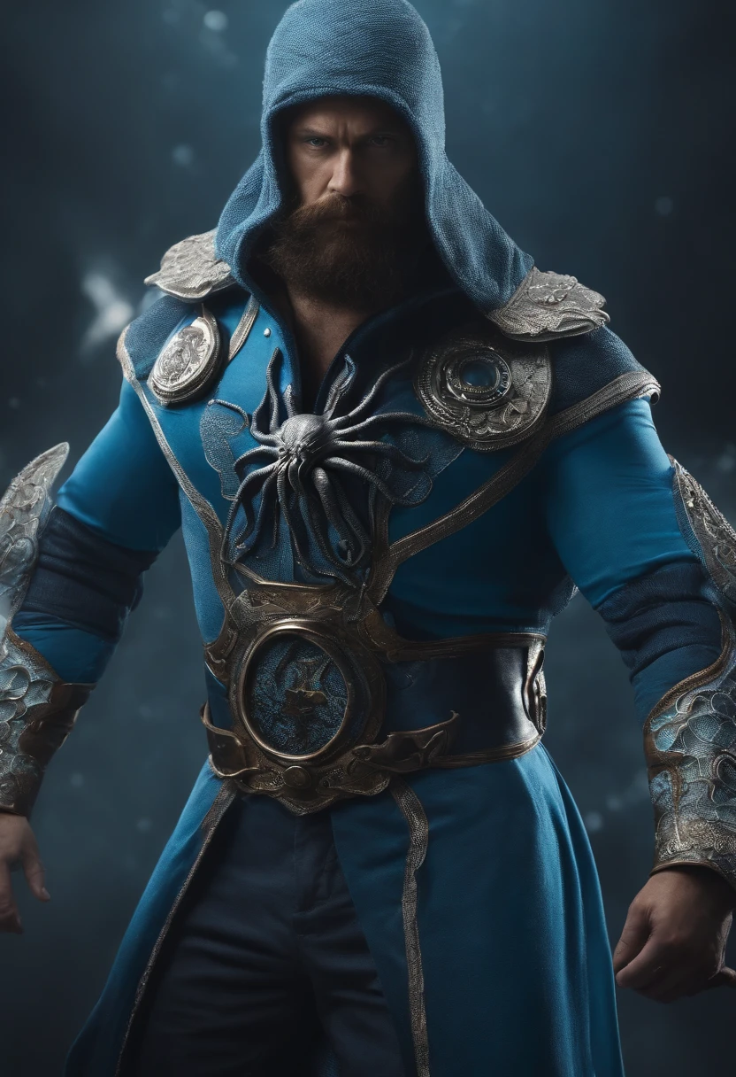 Homem careca, Redbeard Robot SeaArt Txt2Img Standard 23:11:28 Create a realistic 8k HD Ultra image of a Marvel character in a costume inspired by the Spider-Man costume only that this superhero would have the costume inspired by an octopus, ele seria o homem polvo, com seu traje em tons de branco azul Ciano azul claro e azul escuro seu traje tem um lindo perfeito e detalhado ,Details with octopus tentacles, Ventosas ,no estilo Homem-Aranha do aranhaverso,Costume inspiration of superhero costume is an octopus. White gloves on hands with silver details,symbol of a blue octopus right in the center of the breastplate of the superhero costume