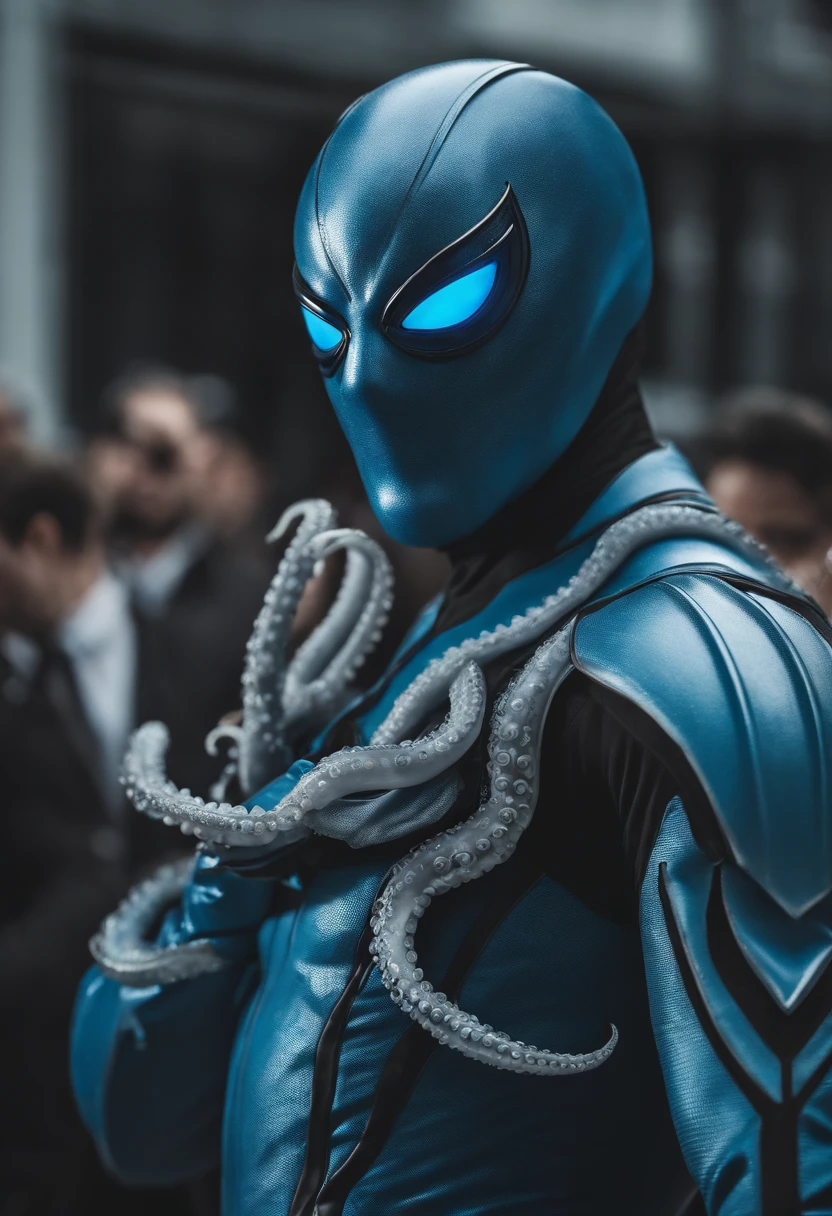 Homem careca, Redbeard Robot SeaArt Txt2Img Standard 23:11:28 Create a realistic 8k HD Ultra image of a Marvel character in a costume inspired by the Spider-Man costume only that this superhero would have the costume inspired by an octopus, ele seria o homem polvo, com seu traje em tons de branco azul Ciano azul claro e azul escuro seu traje tem um lindo perfeito e detalhado ,Details with octopus tentacles, Ventosas ,no estilo Homem-Aranha do aranhaverso,Costume inspiration of superhero costume is an octopus. White gloves on hands with silver details,symbol of a blue octopus right in the center of the breastplate of the superhero costume