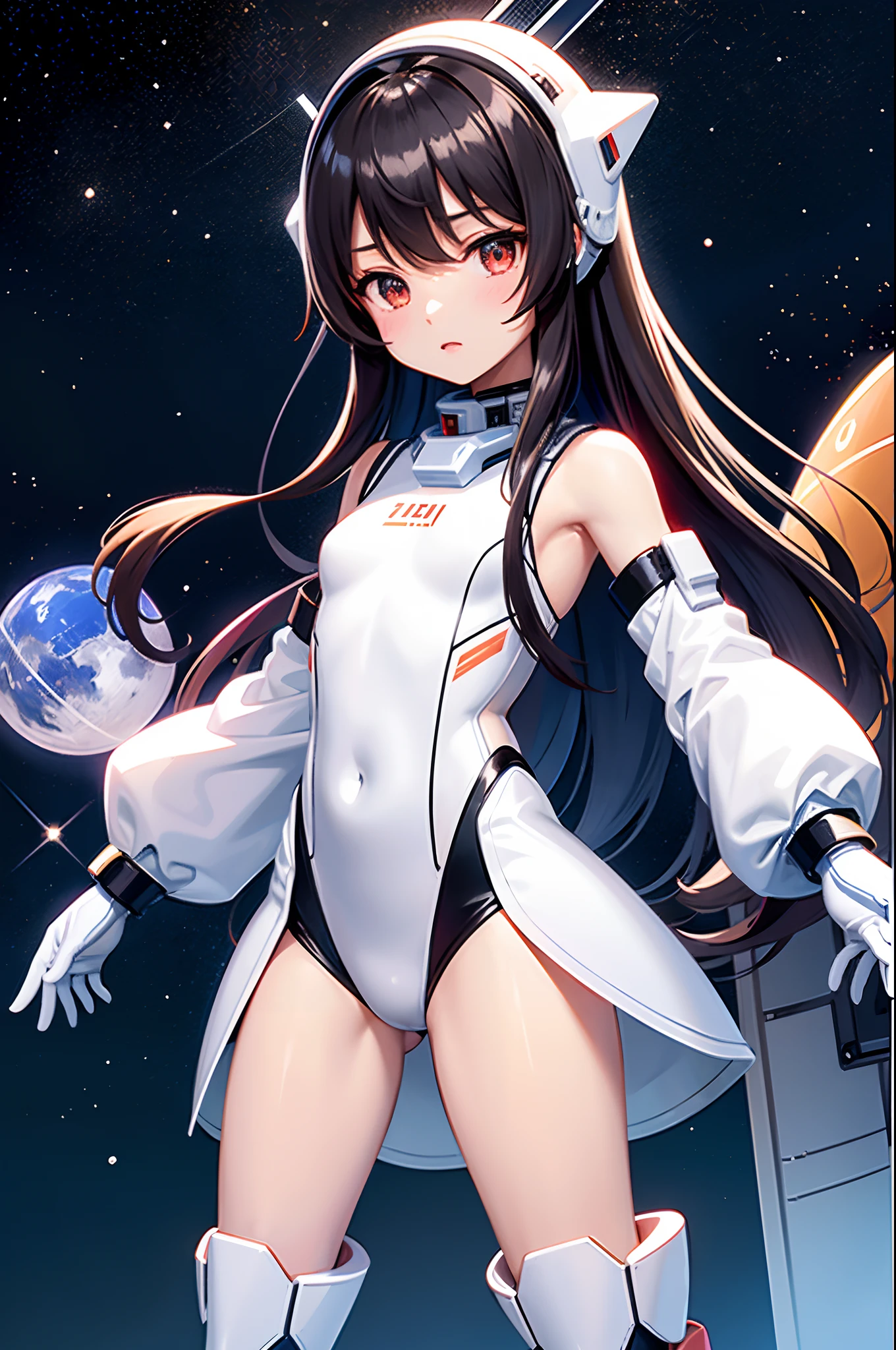 1人、flat breast、cute little、beatiful detailed eyes、Light blue long hair、visible through hair、red monochrome、A dark-haired、Akame、Vampires、Teeall tits、space suits:Orange clothing body:Jumpsuit)、white glove、White Space Shoes、White helmet、U.S. flag on top of helmet、weightless、side lights、Reflectors、A person in a spacesuit is at the bottom left of the frame、My right hand is outstretched.、The right hand gently touches the Salyut space station)、Space station in the upper right corner of the screen、Reflected light from the sun、silver metal、brilliance、Random reflexes、Metallic texture、The vista is a blue Earth、Mecha style、the sea of star、High Tone、grand