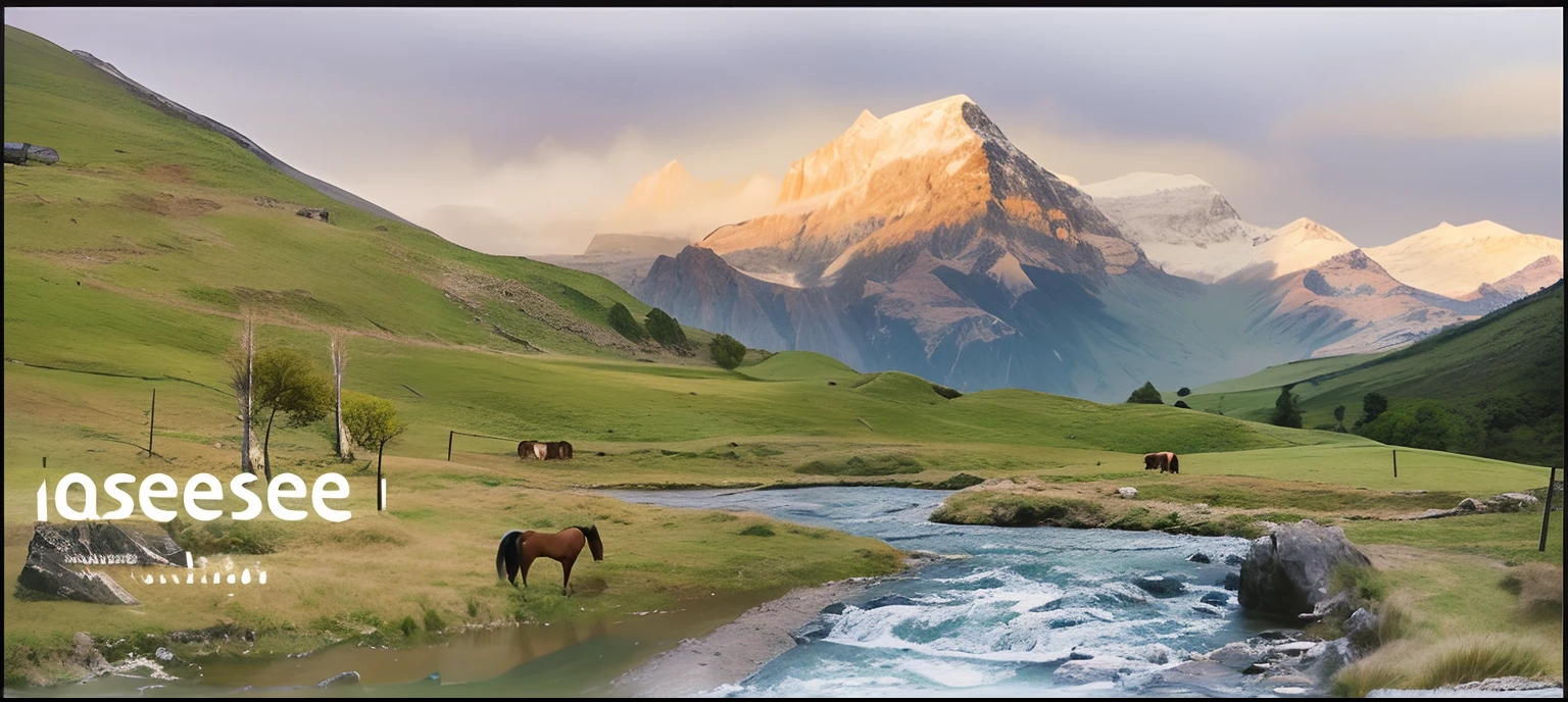 There was a horse standing on the meadow by the stream,In the distance, there is a horse valley,herds of horses, Ultra HD 4K pixels,Majestic matte painting, flat matte painting, matte painting scenery, Mountain, Illustration matte painting, optimistic matte painting, matte painting ”, matte painting”, high quality matte painting, in a valley, realistic matte painting, A matte painting, middle earth landscape, mountainous setting