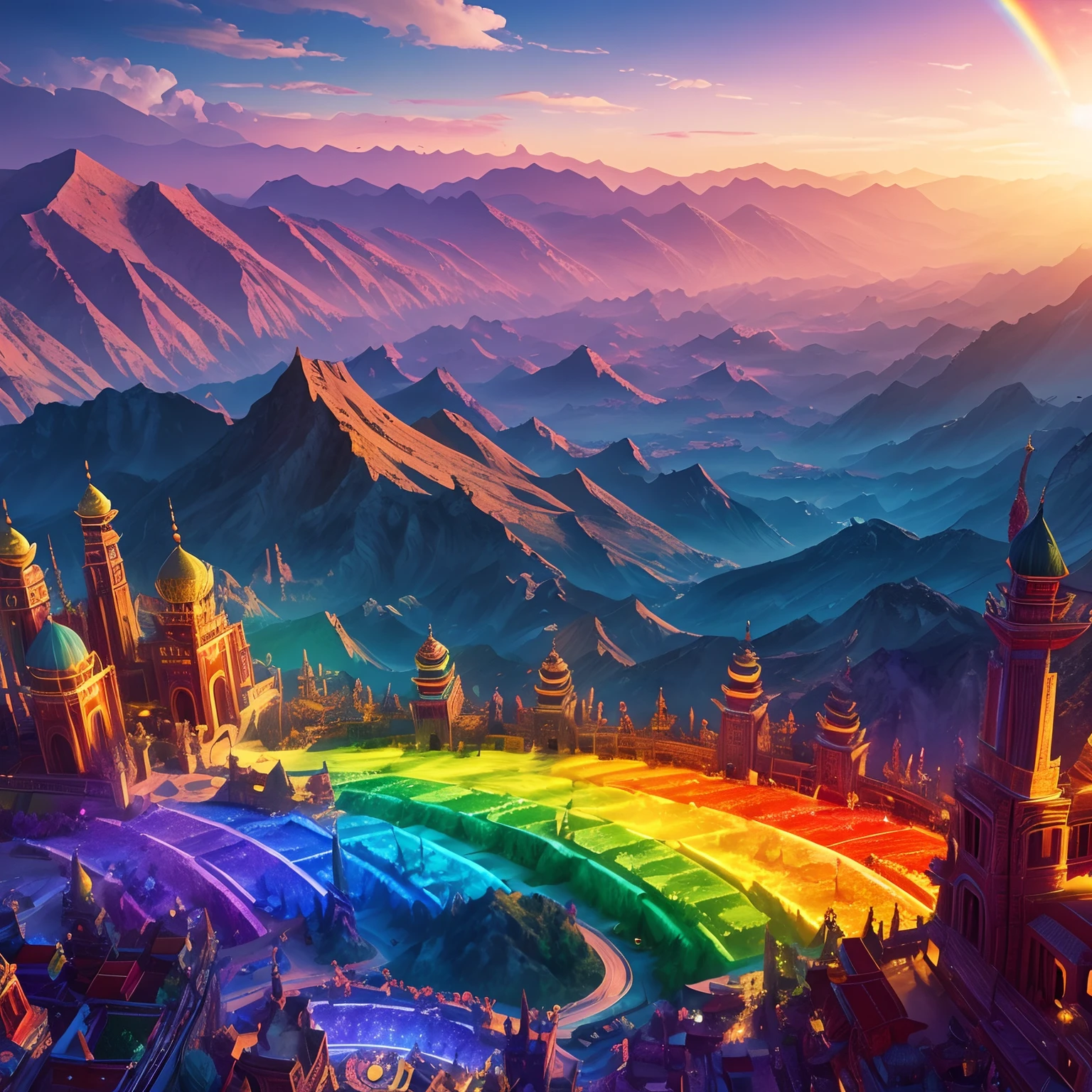 LSD , multicolored, rainbow colored ((colorfull city)), Jade,Gilded mountains,(Paper carving:1.5),Tilt-Shift,(rainbow:1.3),viewed from bird's-eye,Soft lighting,Oriental elements,Dreamy,colorful contrast colors,rainbow colored,gradient , epic Chinese color scheme,reasonable design,Clear lines,High sharpness,Best quality,Very detailed,Masterpiece,offcial art,movie light effect,4K