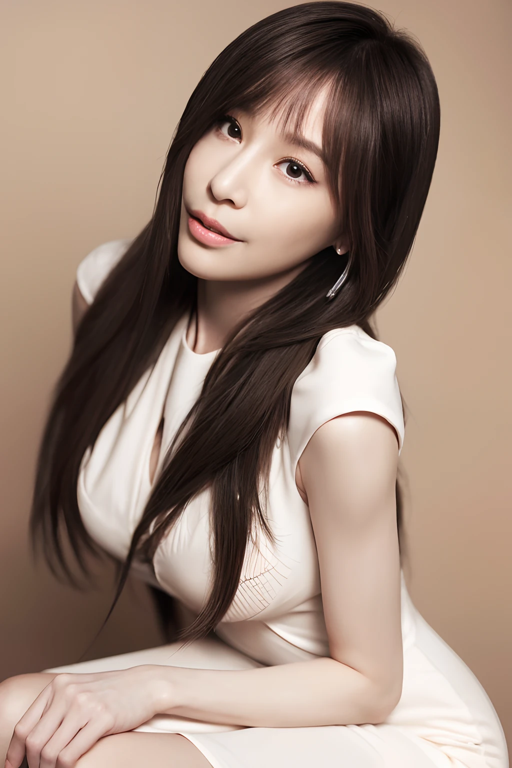 1girll, (Original photo, Best quality), (((Shallow depth of field))), (Realistic medium size, Photographic realism: 1.3), Masterpiece, an extremely delicate and beautiful one, Extremely detailed, CG, uniform, 2k wallpapers, Stunning appearance, Fine details, subtle smiling, Extremely Detailed CG Uniform 8k Wallpaper, hugefilesize, Super super detailed, Super high resolution , Absurd, Soft lighting Next, (((Long hair : 1.3), short length bangs, Jet black hair, Floating hair NovaFrogStyle)), Beautiful detailed girl, Highly detailed fingers, Extremely detailed eyes and face, Beautifully detailed nose, Beautifully detailed eyes, Longer eyelashes, light in face, Audience, (Closed mouth: 1.2), 1 girl, Grow long hair, Cute breasts, Young age, Mature face, (full bodyesbian: 1.3), ((and sexy)), Realistic face, Realistic body, Slim body proportions, Beautiful slender thighs, Legs spread,cyndi