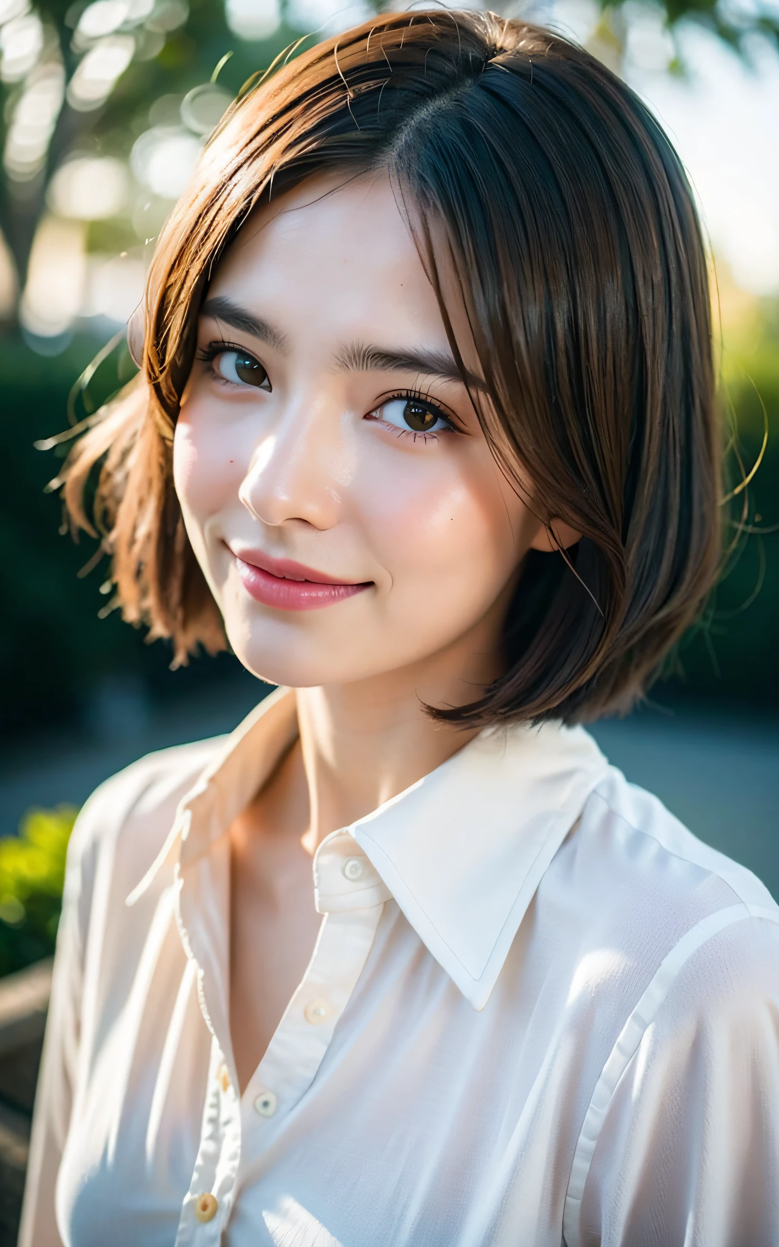 masterpiece, Best Quality, 8K, 1girl, Correct human hands, correct human fingers, 14 yo, face closeup, (smile), Cute, Girly, Delicate girl, Neat and clean beauty, medium breast, luminescence, Looking away, Raw photo, F/1.8, 135 mm, NIKON, Anatomically correct, bokeh，Textured skin, Professional Photography, Portrait, Soft light, Professional Lighting, back light, Film grain, (Eyes and faces with detailed:1.0), brown hair, short hair swaying in the wind, Silk shirt