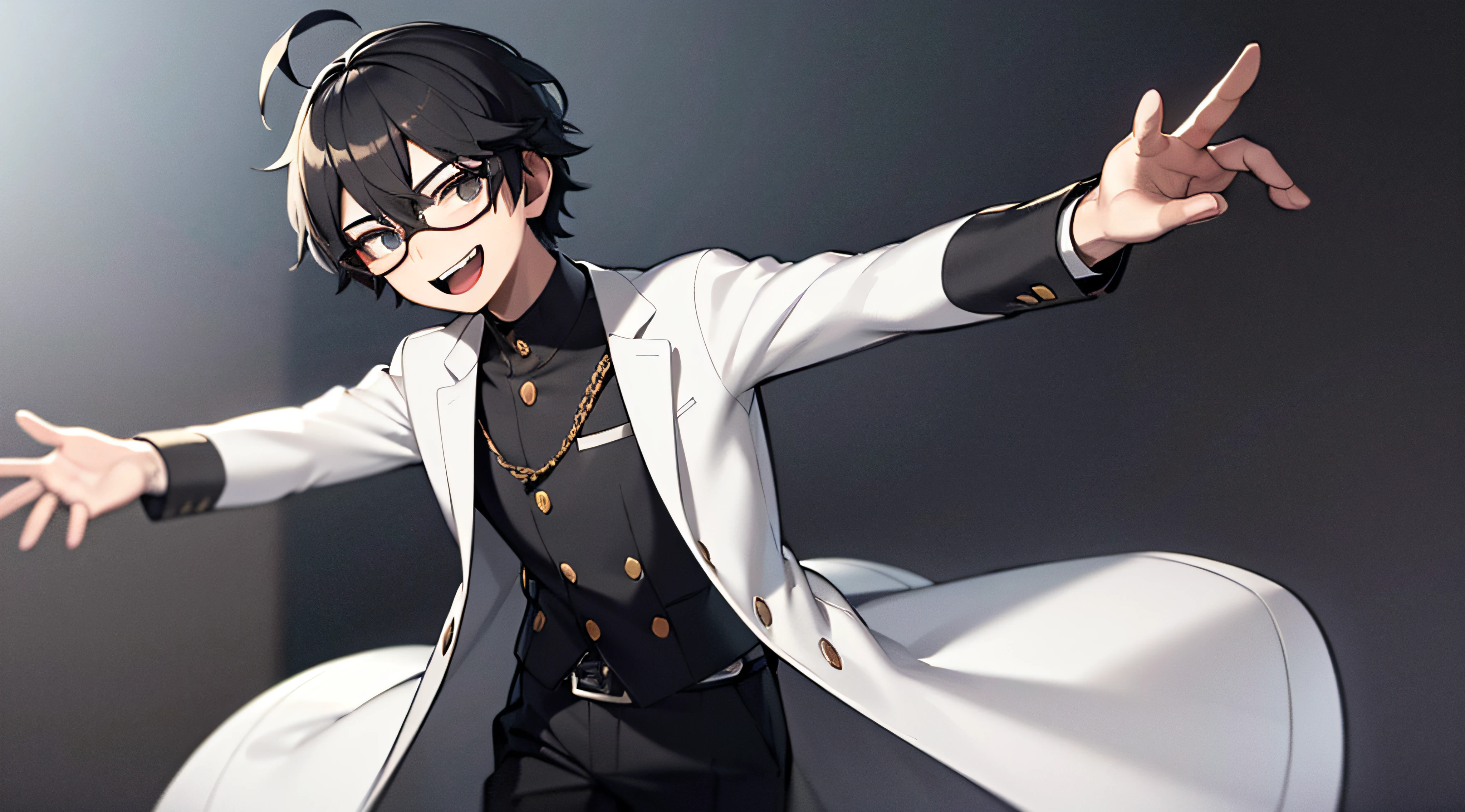((masterpiece, best quality)), (1boy), (solo), (male focus), (ahoge, black hair, short hair), (3D cinema glasses)) black eyes, slight smile, open mouth, ((white coat), (buttoned coat), (button opening)), ((black pants), (long pants)), standing, two arms, white background, right angle