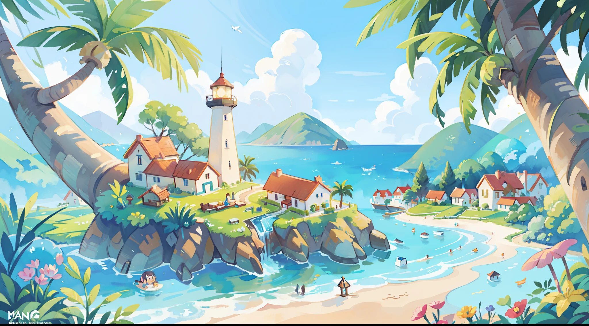((picture book illustration)), ocean fantasy, watercolor illustration, whimsical, warm colors, village, palm trees, houses, huge lighthouse, ((masterpiece)), highly detailed environment