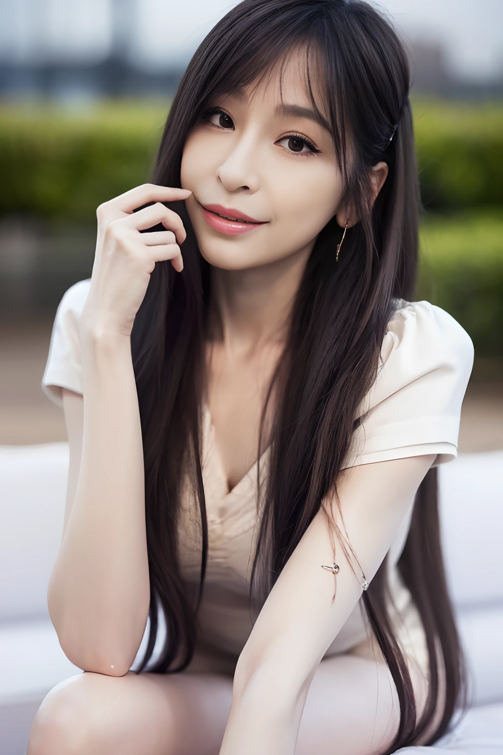 1girll, (Original photo, Best quality), (((Shallow depth of field))), (Realistic medium size, Photographic realism: 1.3), Masterpiece, an extremely delicate and beautiful one, Extremely detailed, CG, uniform, 2k wallpapers, Stunning appearance, Fine details, subtle smiling, Extremely Detailed CG Uniform 8k Wallpaper, hugefilesize, Super super detailed, Super high resolution , Absurd, Soft lighting Next, (((Long hair : 1.3), short length bangs, Jet black hair, Floating hair NovaFrogStyle)), Beautiful detailed girl, Highly detailed fingers, Extremely detailed eyes and face, Beautifully detailed nose, Beautifully detailed eyes, Longer eyelashes, light in face, Audience, (Closed mouth: 1.2), 1 girl, Grow long hair, Cute breasts, Young age, Mature face, (full bodyesbian: 1.3), ((and sexy)), Realistic face, Realistic body, Slim body proportions, Beautiful slender thighs, Legs spread,cyndi