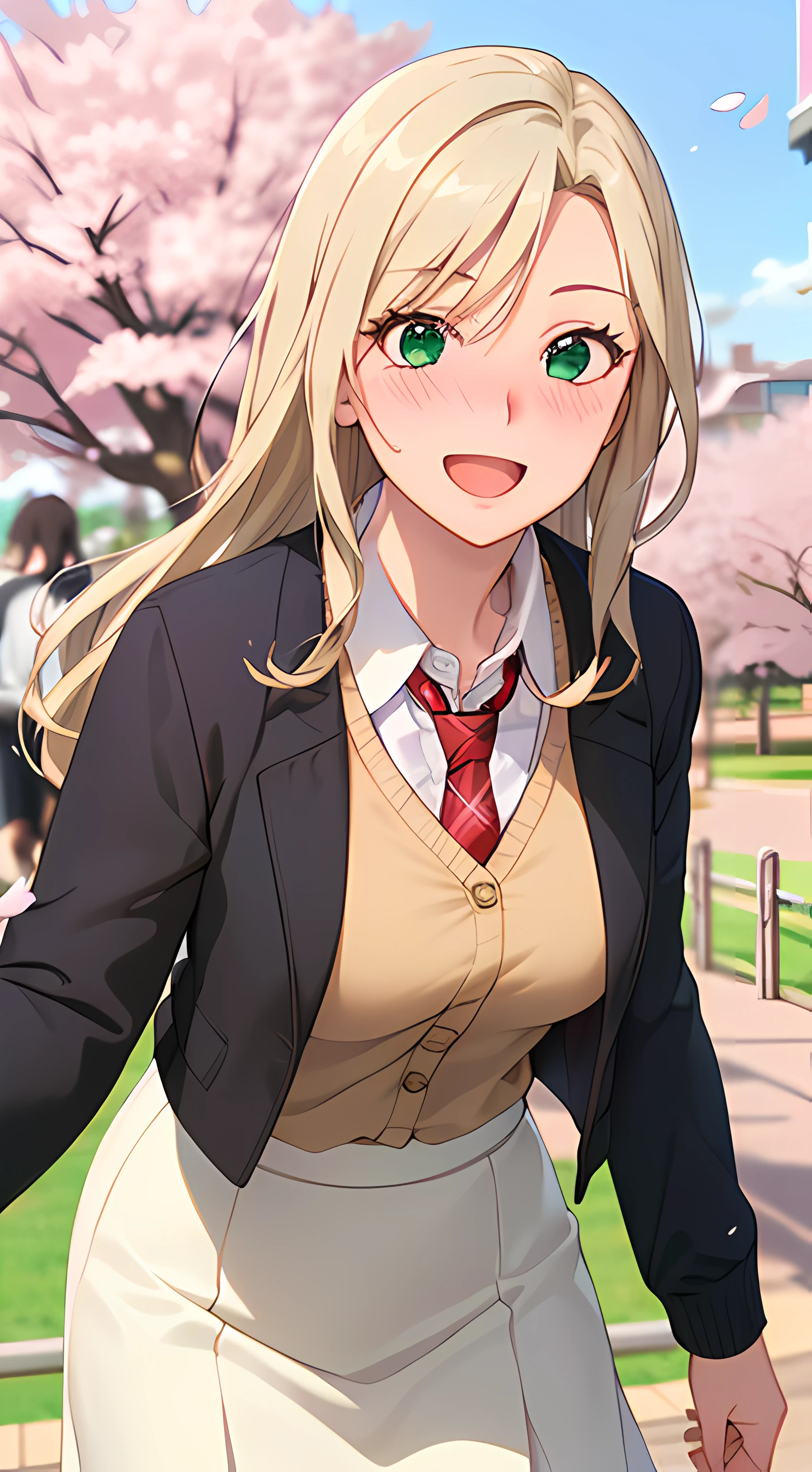((masterpiece, best quality, highres, UHD, perfect pixel, depth of field, 4k, RTX, HDR))), 1girl, single, solo, beautiful anime girl, beautiful artstyle, anime character, ((long hair, parted bangs, hair between eyes, blonde hair)), ((green eyes:1.4, rounded eyes, realistic eyes)), ((eyelashes, ultra-detailed eyelashes, smooth eyelashes)), ((detailed face, blushing:1.2)), ((smooth texture:0.75, realistic texture:0.65, photorealistic:1.1, anime CG style)), medium breasts, dynamic angle, perfect body, ((POV, dynamic pose)), ((red necktie, white shirt, brown cardigan, long sleeve, black skirt, plaid skirt, black jacket, open jacket)), smile, open mouth, ((hands behind back, leaning forward)), amusement park, ((cherry blossom tree, cherry blossoms fall)), natural light, bright sky, sunshine