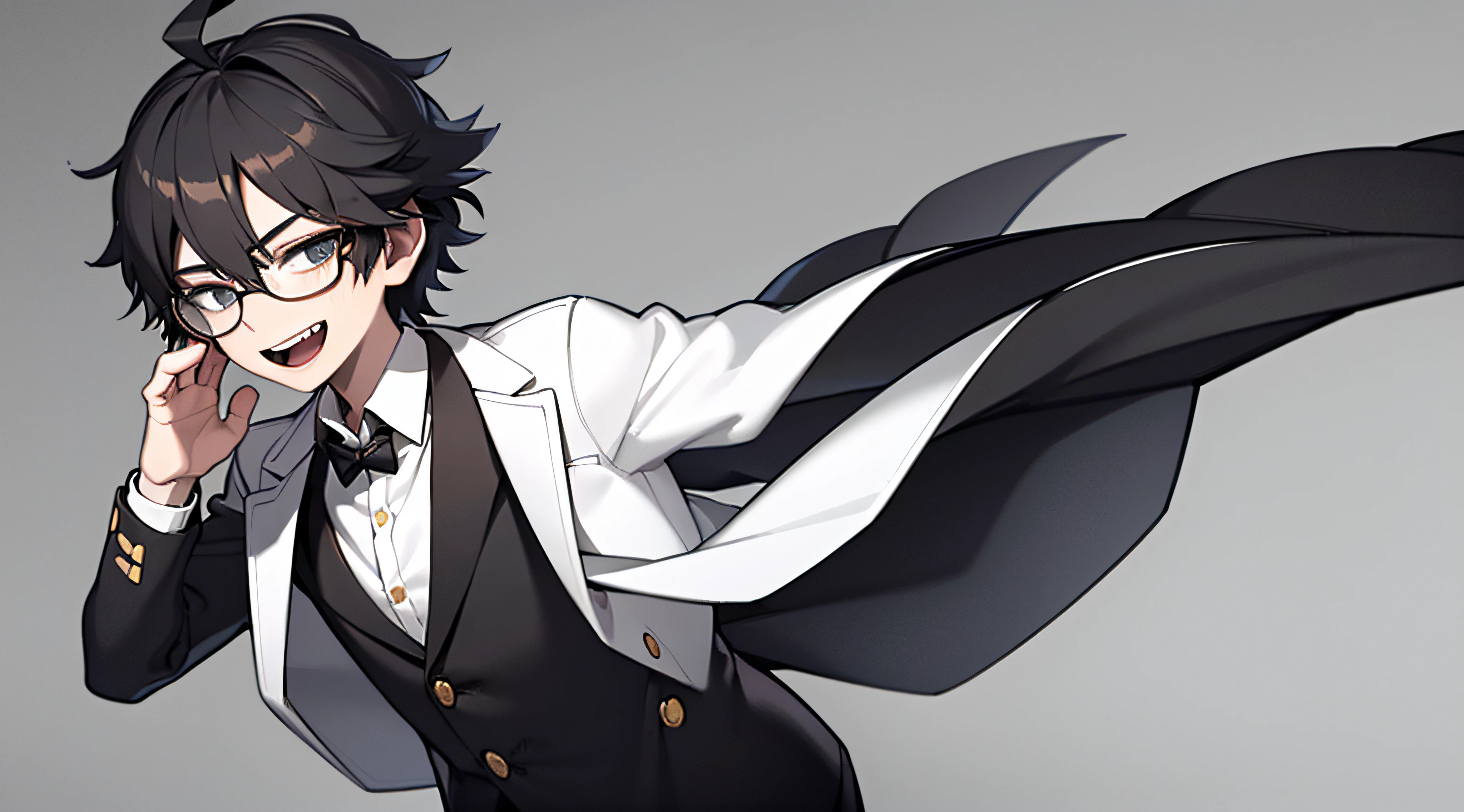 ((masterpiece, best quality)), (1boy), (solo), (male focus), (ahoge, black hair, short hair), (3D cinema glasses)) black eyes, slight smile, open mouth, ((white coat), (buttoned coat), (button opening)), ((black pants), (long pants)), standing, two arms, white background, right angle, neutral blackground black background