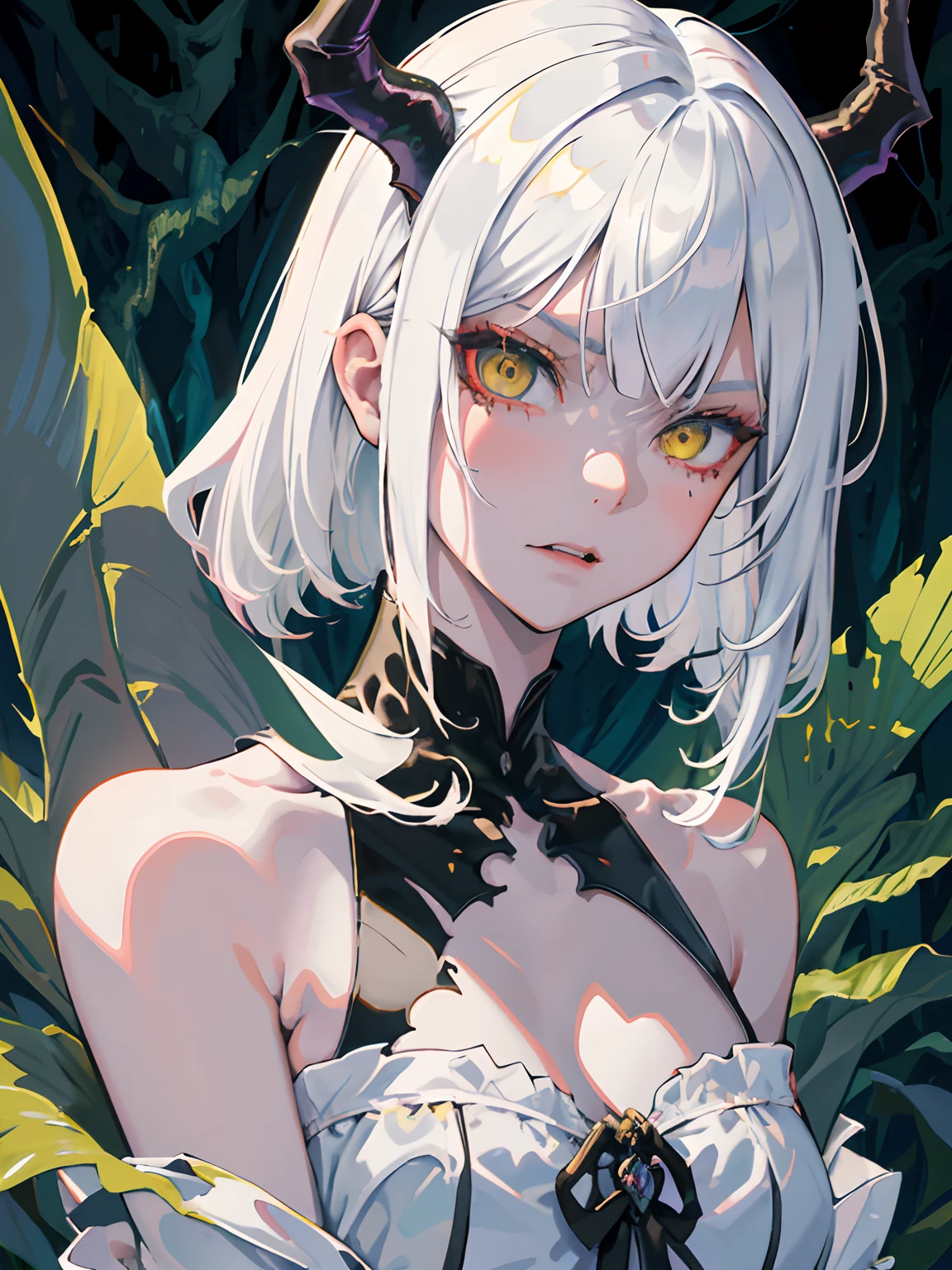 ((masterpiece, best quality)), (1girl, anime girl in the dark forest),(mature, devil horn), (solo), (female focus), (white hair, straight bangs), yellow eyes, (black dress, vampire)), angry face, yandere, evil, exposed shoulder, open shoulder, collarbone, portraits, close up, upper body