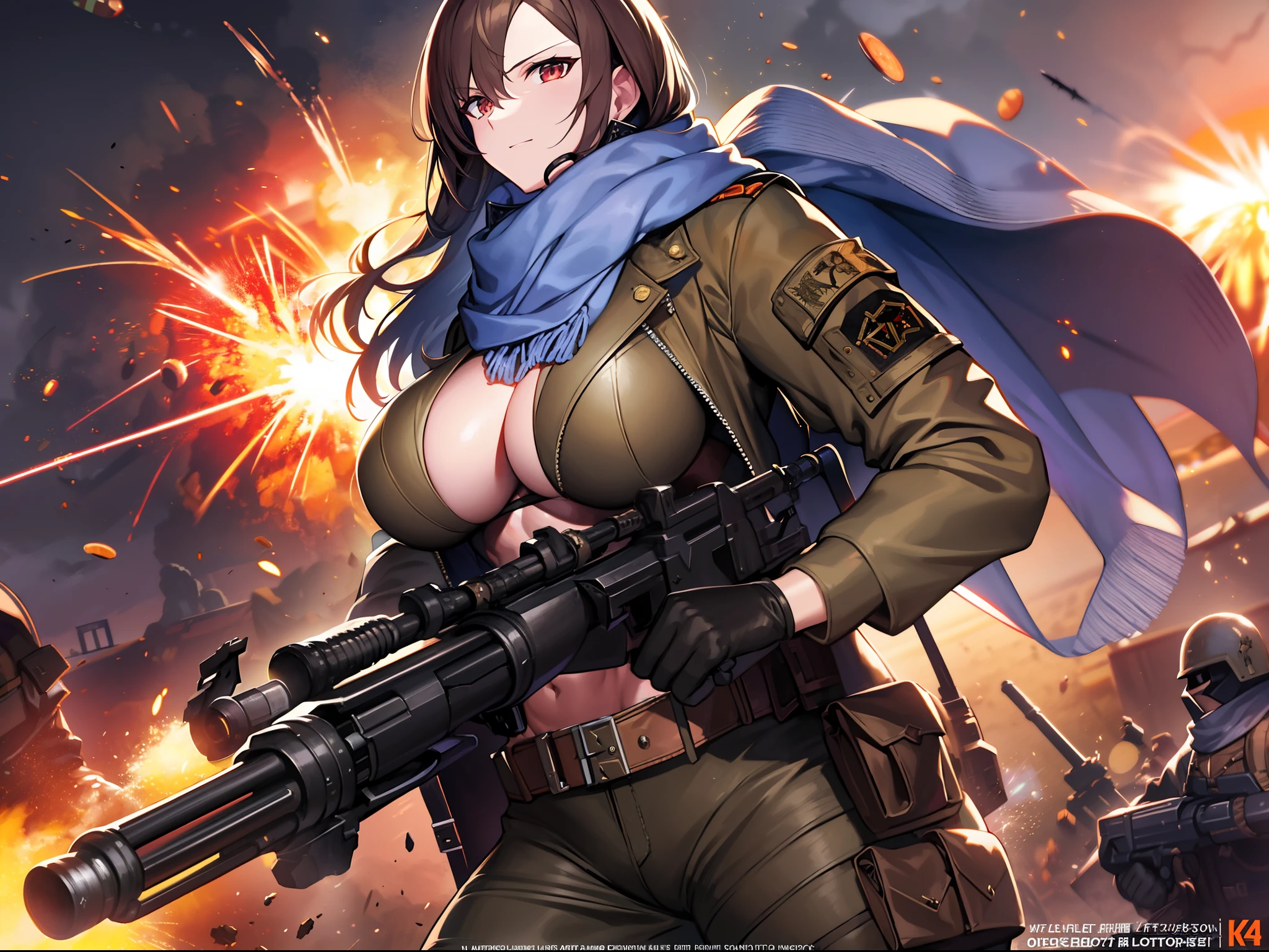 Outrageous resolution、​masterpiece++、top-quality++、ultra-definition++、ultra-definition++、4k++、8k++、from side、（Background Focus）++、（（（1）））+++、Sexily dressed woman wearing brown jacket and black scarf with ammunition belt and Gatling gun on battlefield with explosions and sparks that destroy cities１Cast a man's muscular big breasts military spell、Wearing a brown jacket and black scarf with an ammunition belt and Gatling gun on a battlefield with explosions and sparks１Man muscular big breasts soldier rune、Wearing a brown jacket and black scarf with an ammunition belt and Gatling gun on a battlefield with explosions and sparks１The magic of a muscular big breasts soldier、On a battlefield with explosions and sparks flying over, he wore a brown jacket and black scarf with an ammunition belt and a Gatling gun１Muscular big breasts soldier、Wearing a brown jacket and black scarf with an ammunition belt and Gatling gun on a battlefield with explosions and sparks１Muscular Big Military Sorcerer、Wearing a brown jacket and black scarf with an ammunition belt and Gatling gun on a battlefield with explosions and sparks１Muscular big breasts military goddess、detailed fantasy art、fantasy art style、Break wearing a brown jacket and black scarf with ammo belt and Gatling gun on a battlefield with beautiful ancient explosions and sparks１Muscular Colossal Soldier Witch、Wearing a brown jacket and black scarf with an ammunition belt and Gatling gun on a battlefield with explosions and sparks１Man Muscular Big Military Colossal Queen、Fantasy Art Behans、Wearing a brown jacket and black scarf with an ammunition belt and Gatling gun on a battlefield with beautiful explosions and sparks１Muscular Big Military Magician、Wearing a brown jacket and black scarf with an ammunition belt and Gatling gun on a battlefield with beautiful explosions and sparks１Muscular Big Military Magician、Wore a brown jacket and black scarf with ammunition belts and Gatling guns on a battlefield with shiny floating explosions