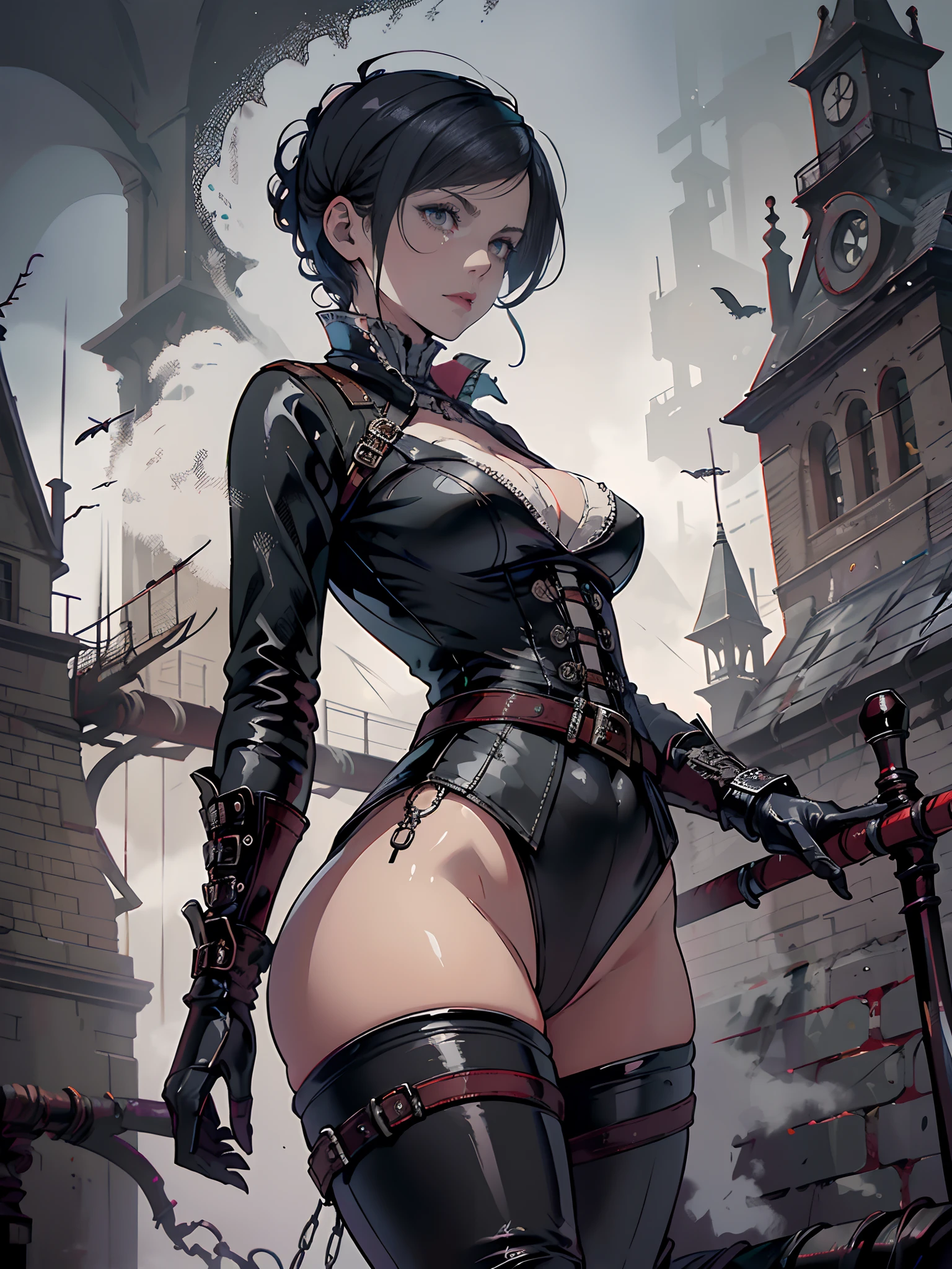 Breasts roll-up, breast engorgement, bloodborne aesthetic, all black leather tight outfit with belt traps all over, beautiful white female, pixie-cut, hair covering face, gloomy, midnight, ominous, atmospheric, victorian rooftop aesthetic, large breasts, (narrow) waist, wide hips, perky butt and legs, tight black heel boots, front-side view, (low) angle, (foggy and misty)