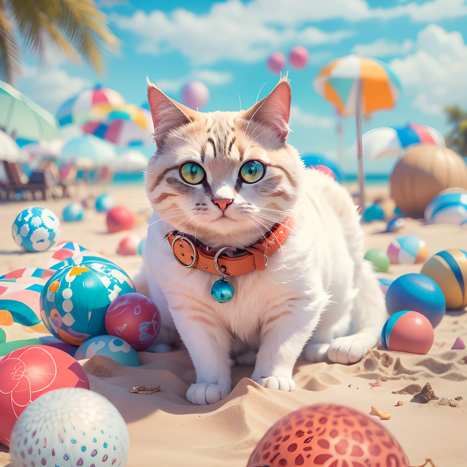 A round-eyed cat, On the beach, Colorful leather balls, spray, parasols. Blue sky,