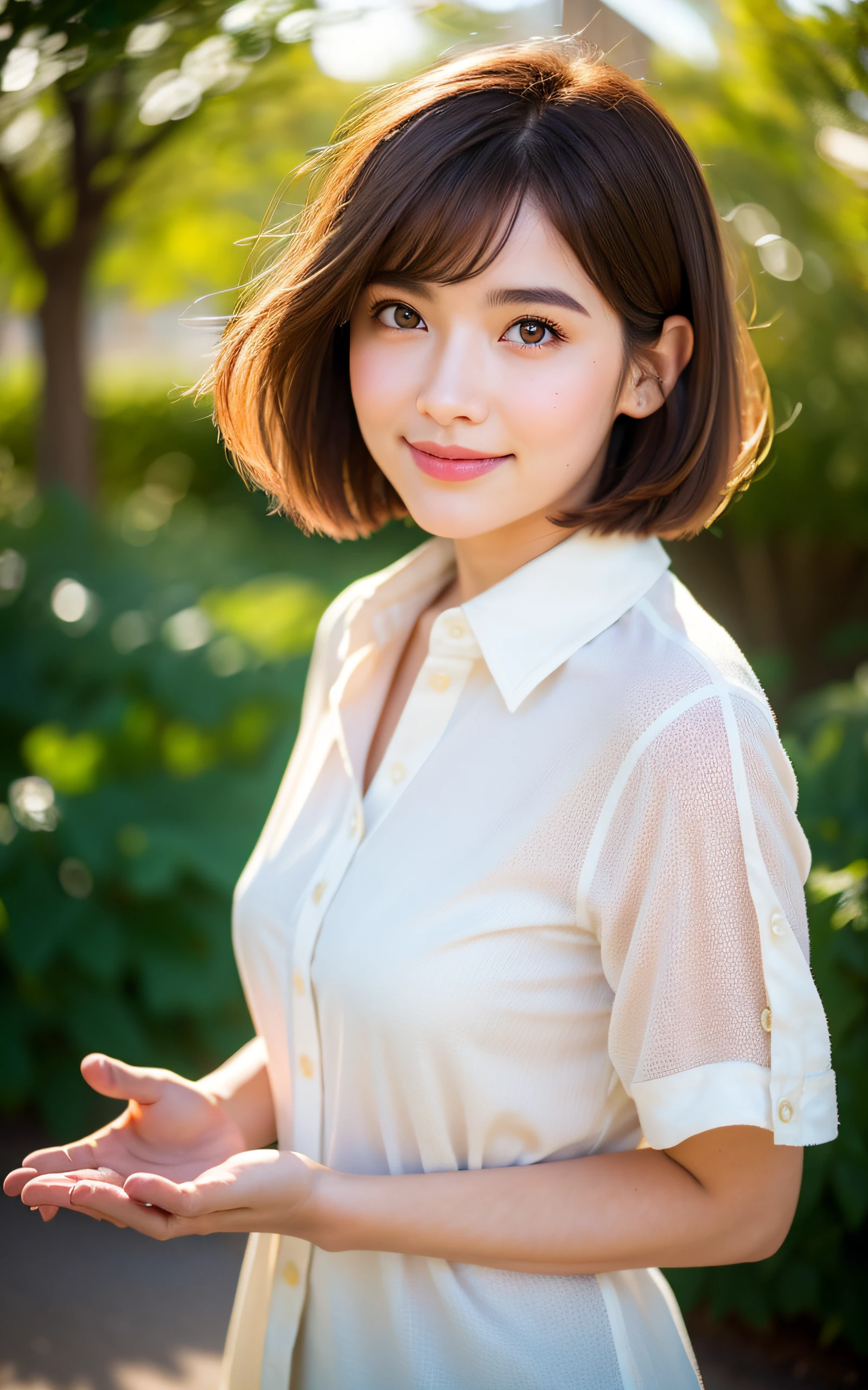masterpiece, Best Quality, 8K, 1girl, Correct human hands, correct human fingers, 14 yo, face closeup, (smile), Cute, Girly, Delicate girl, Neat and clean beauty, medium breast, luminescence, Looking away, Raw photo, F/1.8, 135 mm, NIKON, Anatomically correct, bokeh,Textured skin, Professional Photography, Portrait, Soft light, Professional Lighting, back light, Film grain, (Eyes and faces with detailed:1.0), brown hair, short hair swaying in the wind, Silk shirt