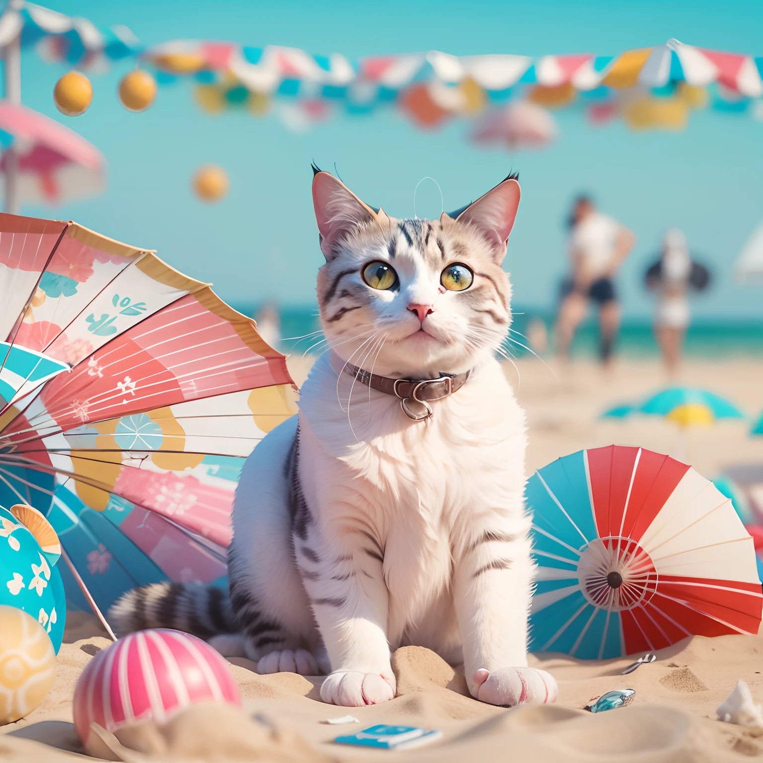 A round-eyed cat, On the beach, Colorful leather balls, spray, parasols. Blue sky,