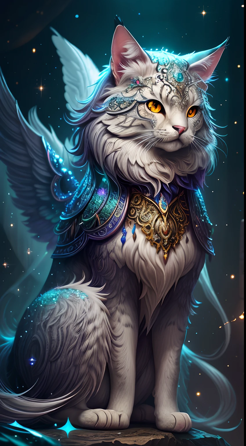 Generate heavenly adorable non-human animals in heavenly and fantasy style. An animal must be the most beautiful animal ever created. fluffy and feathers、Silk and Satin、Consider details such as sparkle and shimmer. Include subtle details of fantastic iridescent colors. Highlight fantasy and ornate gemstone details. camera: Make use of interesting and dynamic compositions. Increase visual interest. Lighting: Use ambient lighting to enhance the fantasy atmosphere. Include bold colors and deep shadows. Hires, Detailed eyes, Hire a detailed eye, Hire Details, ornate, Intricate details, 8K, shimmer, Unity, Official CGI Unreal Engine, High resolution, (((masutepiece))), High quality, hight resolution, Detail Enhancement