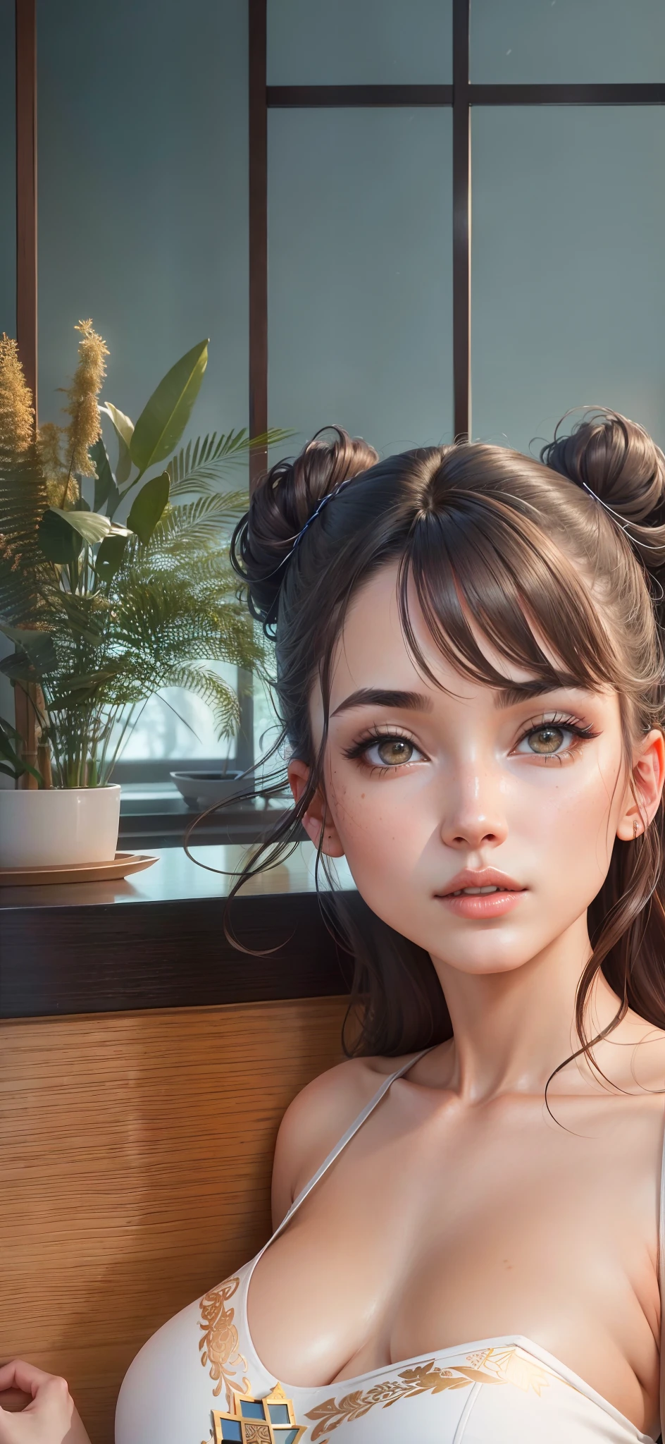 (1girl, 1person), (insanely detailed and intricate, hyperrealistic, upper body portrait), an (Splendid European (female in her Mid-forties with a Wide-hipped body):1.3), (Mermaid waves hairstyle), (natural colored eyes:1.15), (wearing Tunic and leggings:1.4), (Elegant sushi bar with bamboo decor:1.225), (imperfect skin, (extremely detailed skin,beauty marks:1.25)), Bloom,Bokeh, Cinematic, Film Grain, Ray Tracing Reflections, Chromatic Aberration, hypermaximalist, elegant, hyper realistic, super detailed,