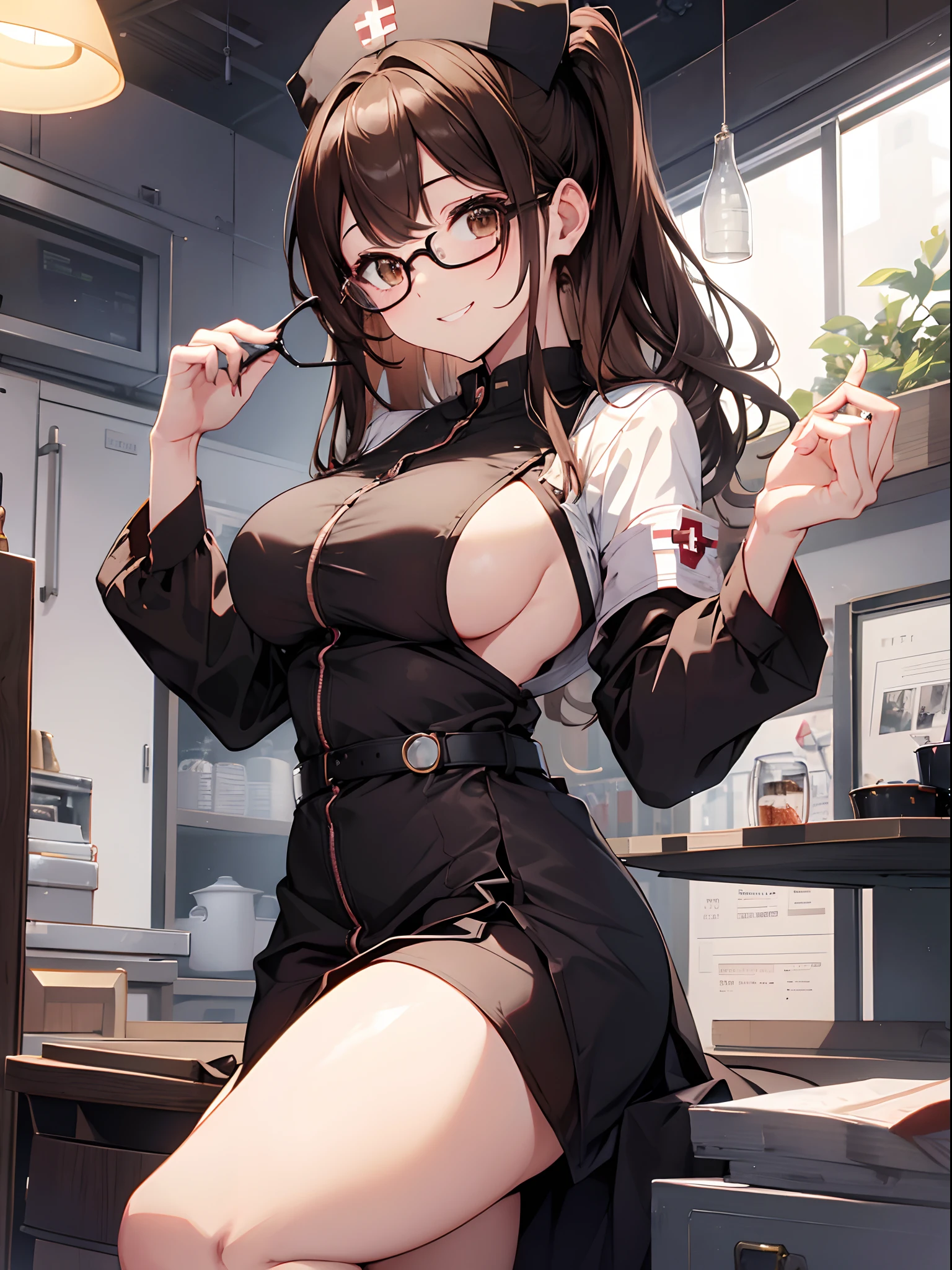 1人の女性、brown haired(Curta)、Brown eyes、Black-rimmed glasses、Best Quality、ultra-detailliert、8K resolution、Raw photo、masutepiece、seductive boobs、gorgeous faces、Perfect body、a smile、nurse's outfit