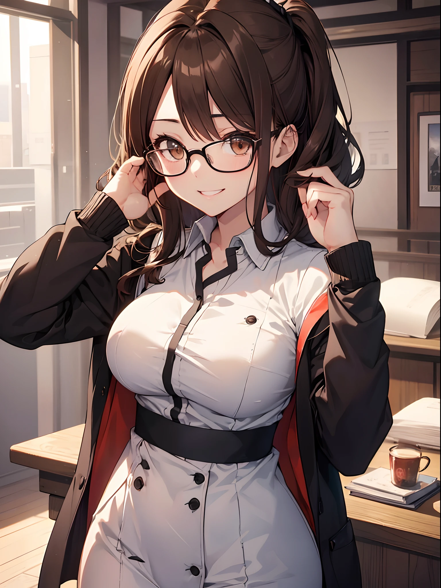 1人の女性、brown haired(Curta)、Brown eyes、Black-rimmed glasses、Best Quality、ultra-detailliert、8K resolution、Raw photo、masutepiece、seductive boobs、gorgeous faces、Perfect body、a smile、nurse's outfit