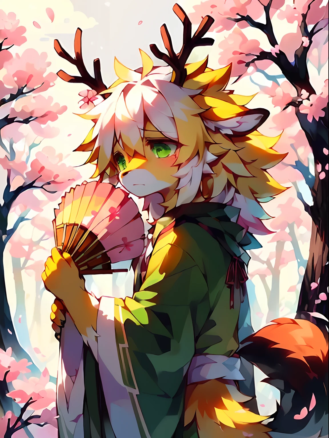 a golden fox, ((sad)), ((( \(parfect anatomy\)))), ((holding traditional fan)), , ((antler, cherry blossom)), black tail, fluffy mane, green eyes, yellow body, yellow hair, fallen leaf(独奏), white hair, green clothes