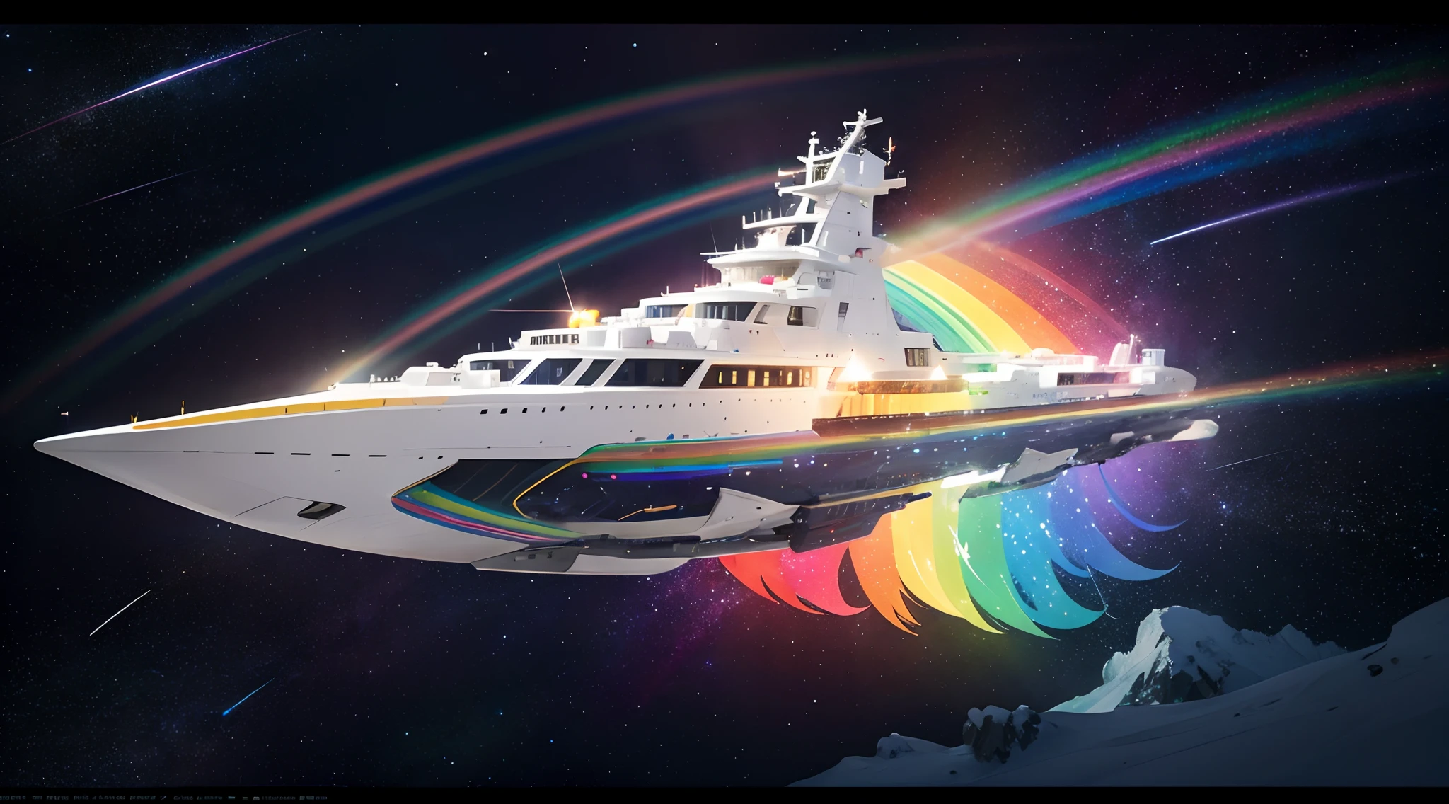 A magnificent rainbow spaceship soaring through the cosmos, its sleek design adorned with shimmering colors. The ship emits a trail of multicolored stardust as it ventures into the unknown, symbolizing hope and unity across the galaxies. Best quality, intricate details, clean lines, eye-catching composition, soft tones, anime realism, perfect illustration