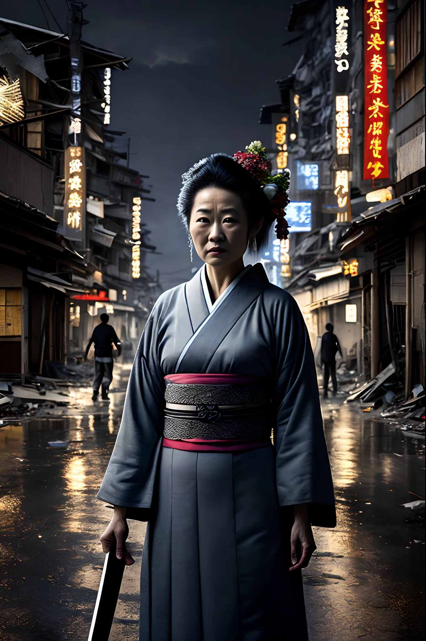 A middle-aged geisha with marks of time lived with laser katana that is the only source of light from the northern environment in a devastated city and apocalyptic night town that demonstrates all the loneliness and desolation of the future where people no longer have access to anything. (imagem ultra realista, com detalhes super trabalhados, little lighting, qualidade superior, 8k, muitos detalhes)