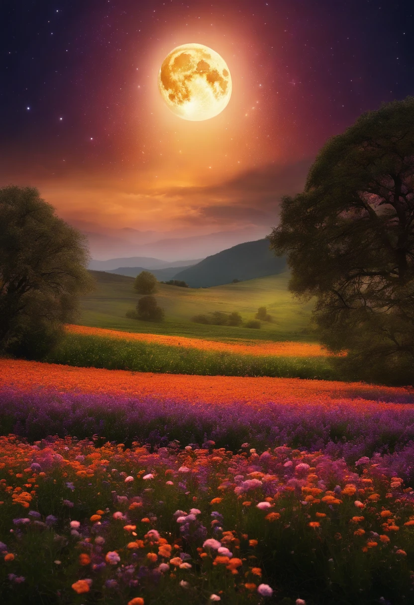 Vast landscape photos, (from below, the sky above, open fields below), a boy standing on a flower field looking up, (Full Moon: 1.2), (Meteor: 0.9), (Nebula: 1.3), Distant Mountains, Trees BREAK Making Art, (Warm Light Source: 1.2), (Firefly: 1.2), Lamps, Lots of Purple and Orange, Intricate Details, Volumetric Lighting BREAK (Masterpiece: 1.2), (Best Quality), 4K, Ultra Detailed, (Dynamic Composition: 1.4), Detailed, Colorful, (Iridescent: 1.2), (Glow, Atmospheric Lighting), Dreamy, Fantastic, (Solo: 1.2)