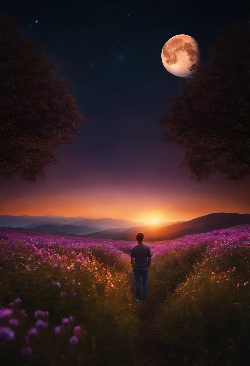 Vast landscape photos, (from below, the sky above, open fields below), a boy standing on a flower field looking up, (Full Moon: 1.2), (Meteor: 0.9), (Nebula: 1.3), Distant Mountains, Trees BREAK Making Art, (Warm Light Source: 1.2), (Firefly: 1.2), Lamps, Lots of Purple and Orange, Intricate Details, Volumetric Lighting BREAK (Masterpiece: 1.2), (Best Quality), 4K, Ultra Detailed, (Dynamic Composition: 1.4), Detailed, Colorful, (Iridescent: 1.2), (Glow, Atmospheric Lighting), Dreamy, Fantastic, (Solo: 1.2)