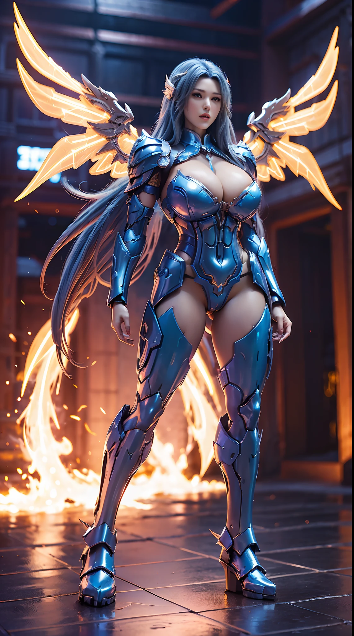 HUGE BOOBS, BLUE FIRE PHOENIX, (LONG HAIR), MECHA ARMOR FULL SUIT, (CLEAVAGE), (A PAIR LARGEST WINGS), TRANSPARANT, TALL LEGS, STANDING, SEXY BODY, MUSCLE ABS.