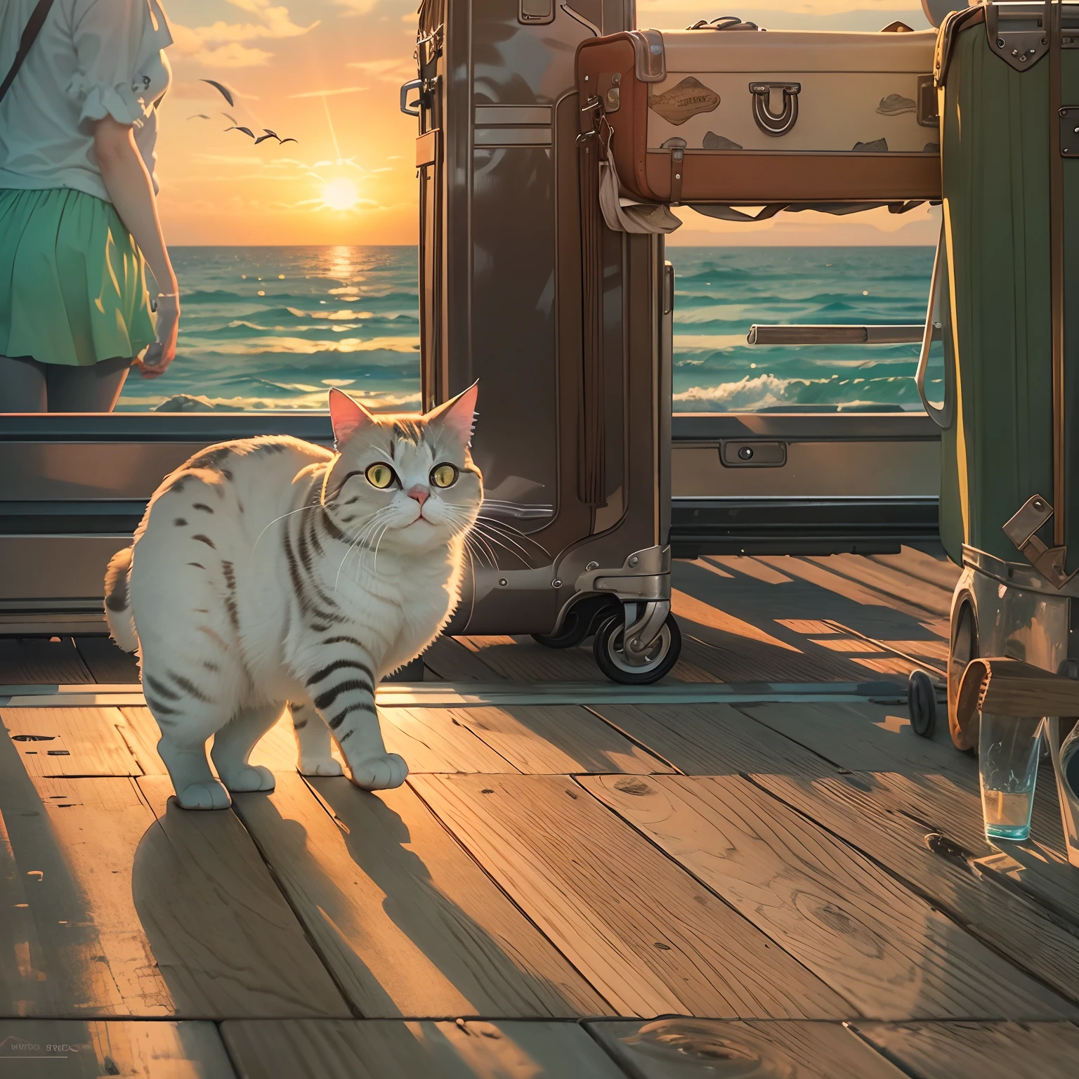 A round-eyed cat, Pushing the suitcase, Walk by the pier and wait for the cruise, the sunset.