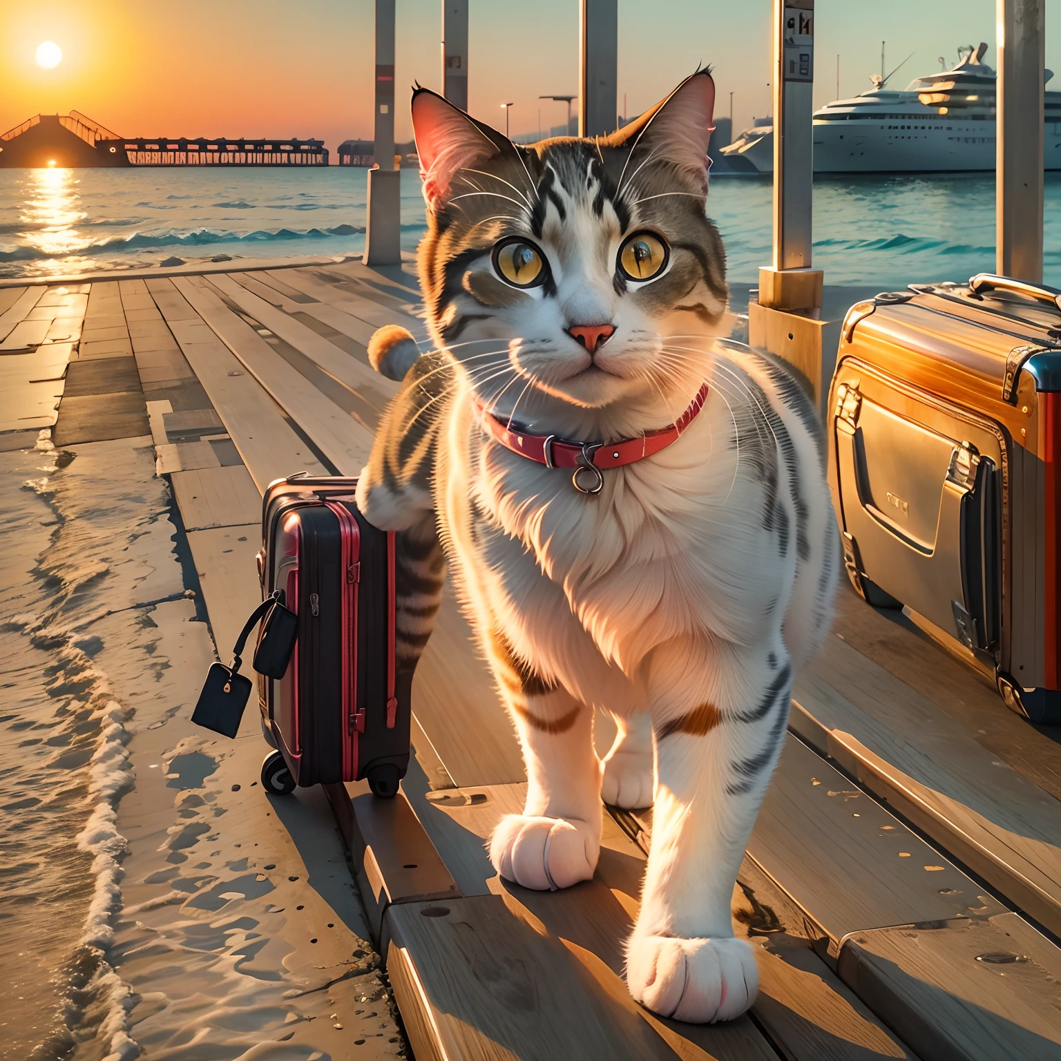 A round-eyed cat, Pushing the suitcase, Walk by the pier and wait for the cruise, the sunset.