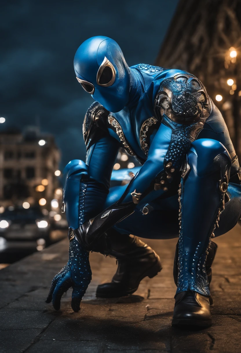 homem careca, Robot Red Beard SeaArt Txt2Img Standard 23:11:28 Create a realistic 8k HD Ultra image of a Marvel character in a costume inspired by the Spider-Man costume only that this superhero would have the costume inspired by an octopus, ele seria o homem polvo, com seu traje em tons de branco azul Ciano azul claro e azul escuro seu traje tem um lindo perfeito e detalhado ,Details with octopus tentacles, Ventosas ,no estilo Homem-Aranha do aranhaverso,Inspiration of the superhero costume is an octopus. White gloves on hands with silver details,symbol of a blue octopus right in the center of the breastplate of the superhero costume, In some parts of the superhero costume would be a realistic print of a skin of a blue octopus.