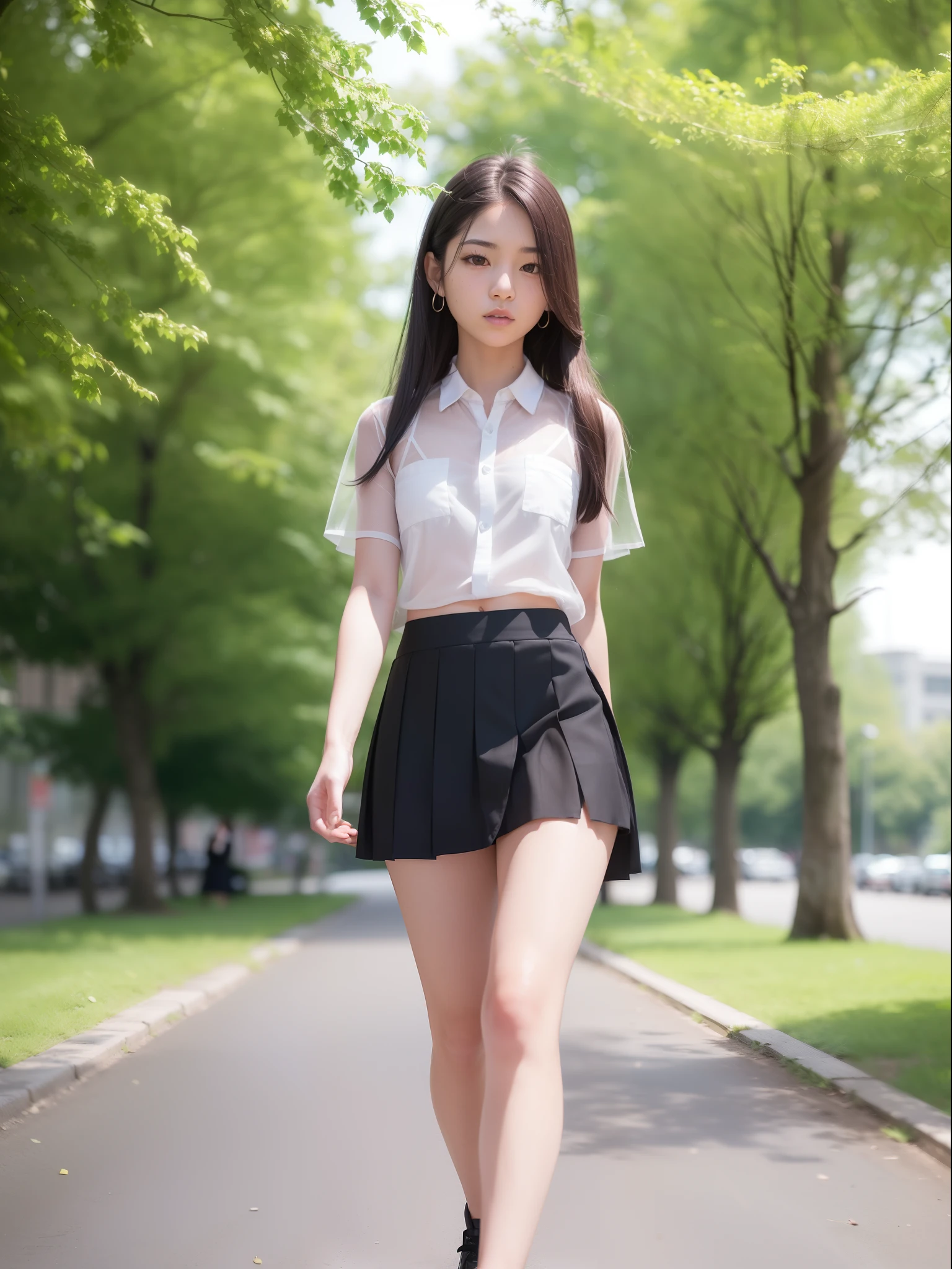 18 Year Old Woman, Long hair, Raw photo, Bokeh (Realism: 1.4, Realistic), high-definition CG unified 8K wallpapers, 1girl in, ((Slim body: 1)), (Small breasts: 1), Back to viewers, ((Direct view from the front)), (HQ Skin: 1.4), 8K UHD, Digital SLR, Soft light, High quality, Film grain, FujifilmXT3, ((School uniform, Short skirt,See-through open skirt:1.5)), ((plein air, on the park))) jangjoo, Portrait,((Layered short haircuts, Black Hire,tiny chest:1.2)),(Looking at Viewer:1.4),(Full body:1.8),Detailed face,undergarment,