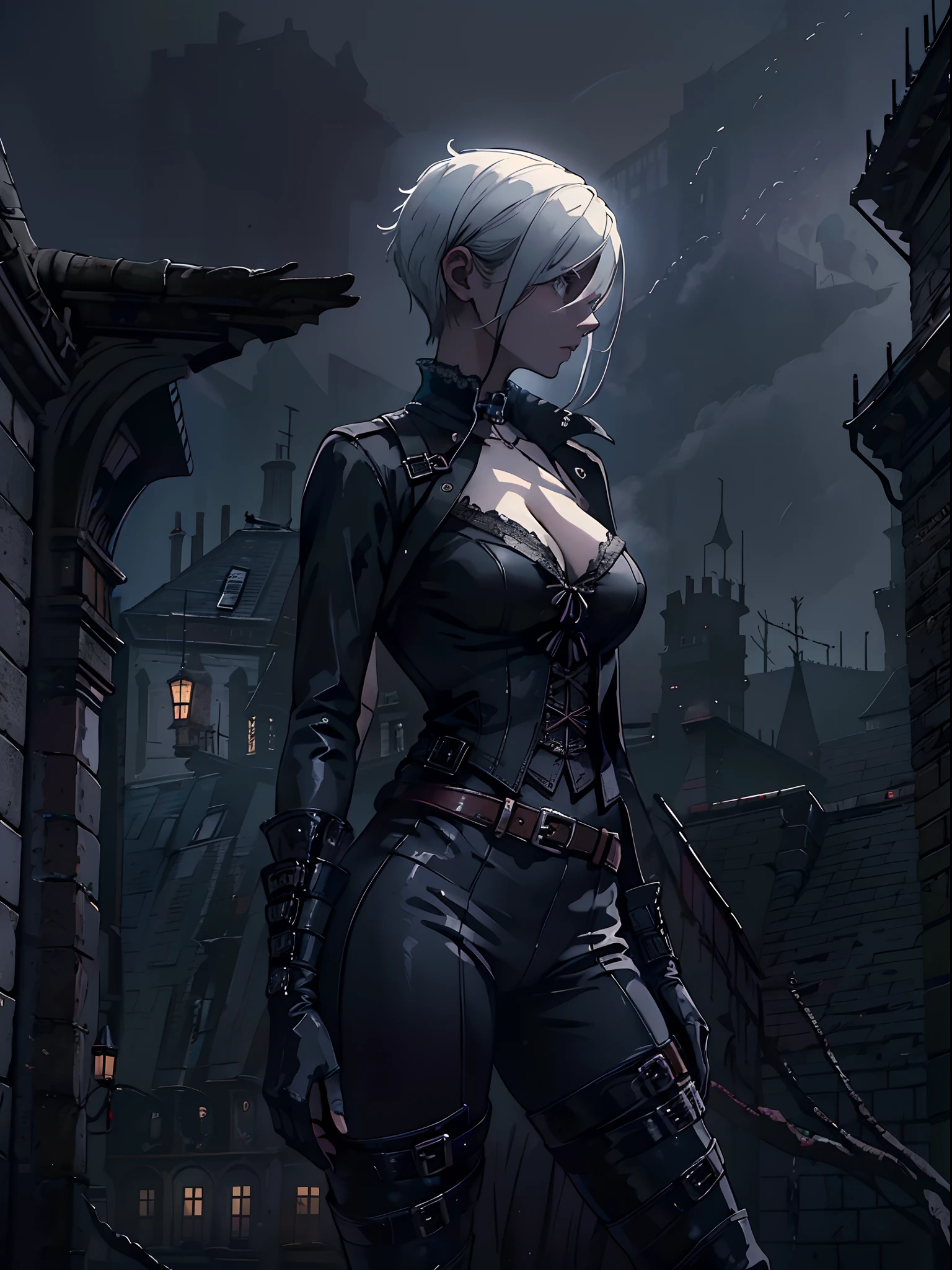 Breasts roll-up, breast engorgement, bloodborne aesthetic, all black leather tight outfit with belt traps all over, beautiful white female, pixie-cut, hair covering face, gloomy, midnight, ominous, atmospheric, victorian rooftop aesthetic, large breasts, (narrow) waist, wide hips, perky butt and legs, tight black heel boots, front-side view, (low) angle, (foggy and misty)