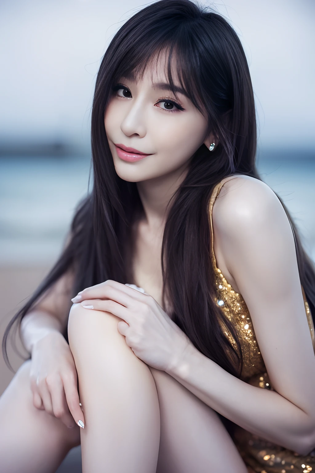 1girll, (Original photo, Best quality), (((Shallow depth of field))), (Realistic medium size, Photographic realism: 1.3), Masterpiece, an extremely delicate and beautiful one, Extremely detailed, CG, uniform, 2k wallpapers, Stunning appearance, Fine details, subtle smiling, Extremely Detailed CG Uniform 8k Wallpaper, hugefilesize, Super super detailed, Super high resolution , Absurd, Soft lighting Next, (((Long hair : 1.3), short length bangs, Jet black hair, Floating hair NovaFrogStyle)), Beautiful detailed girl, Highly detailed fingers, Extremely detailed eyes and face, Beautifully detailed nose, Beautifully detailed eyes, Longer eyelashes, light in face, Audience, (Closed mouth: 1.2), 1 girl, Grow long hair, Cute breasts, Young age, Mature face, (full bodyesbian: 1.3), ((and sexy)), Realistic face, Realistic body, Slim body proportions, Beautiful slender thighs, Legs spread,cyndi