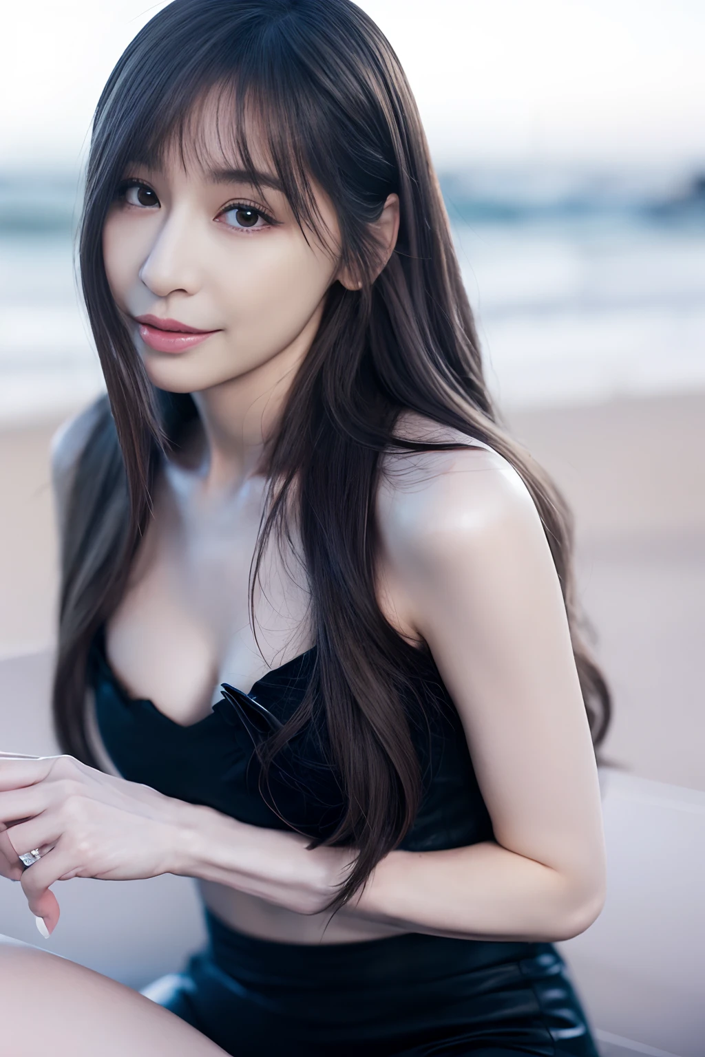 1girll, (Original photo, Best quality), (((Shallow depth of field))), (Realistic medium size, Photographic realism: 1.3), Masterpiece, an extremely delicate and beautiful one, Extremely detailed, CG, uniform, 2k wallpapers, Stunning appearance, Fine details, subtle smiling, Extremely Detailed CG Uniform 8k Wallpaper, hugefilesize, Super super detailed, Super high resolution , Absurd, Soft lighting Next, (((Long hair : 1.3), short length bangs, Jet black hair, Floating hair NovaFrogStyle)), Beautiful detailed girl, Highly detailed fingers, Extremely detailed eyes and face, Beautifully detailed nose, Beautifully detailed eyes, Longer eyelashes, light in face, Audience, (Closed mouth: 1.2), 1 girl, Grow long hair, Cute breasts, Young age, Mature face, (full bodyesbian: 1.3), ((and sexy)), Realistic face, Realistic body, Slim body proportions, Beautiful slender thighs, Legs spread,cyndi