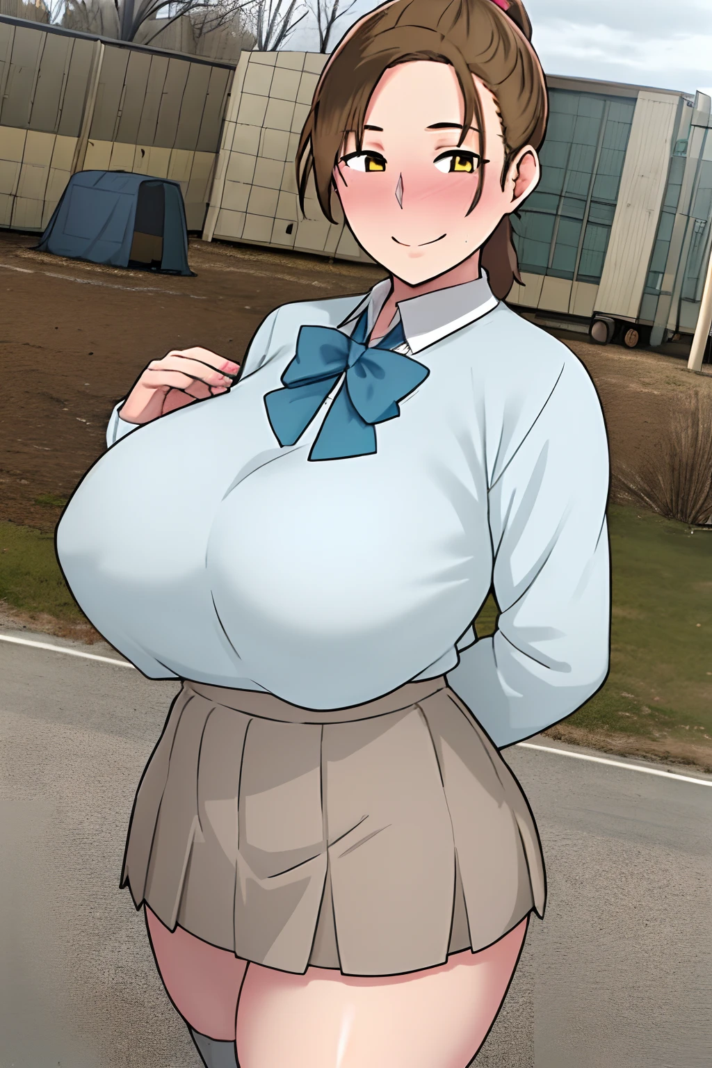 NTRman, masterpiece, best quality, 1girl, solo, teenage female, toned, brown hair, ponytail, yellow eyes, pale skin, nervous smile, huge blush on face, hands at sides, large , wide , thick thighs, pink knit sweater, stripped blue bowtie, grey skirt, homeless camp background