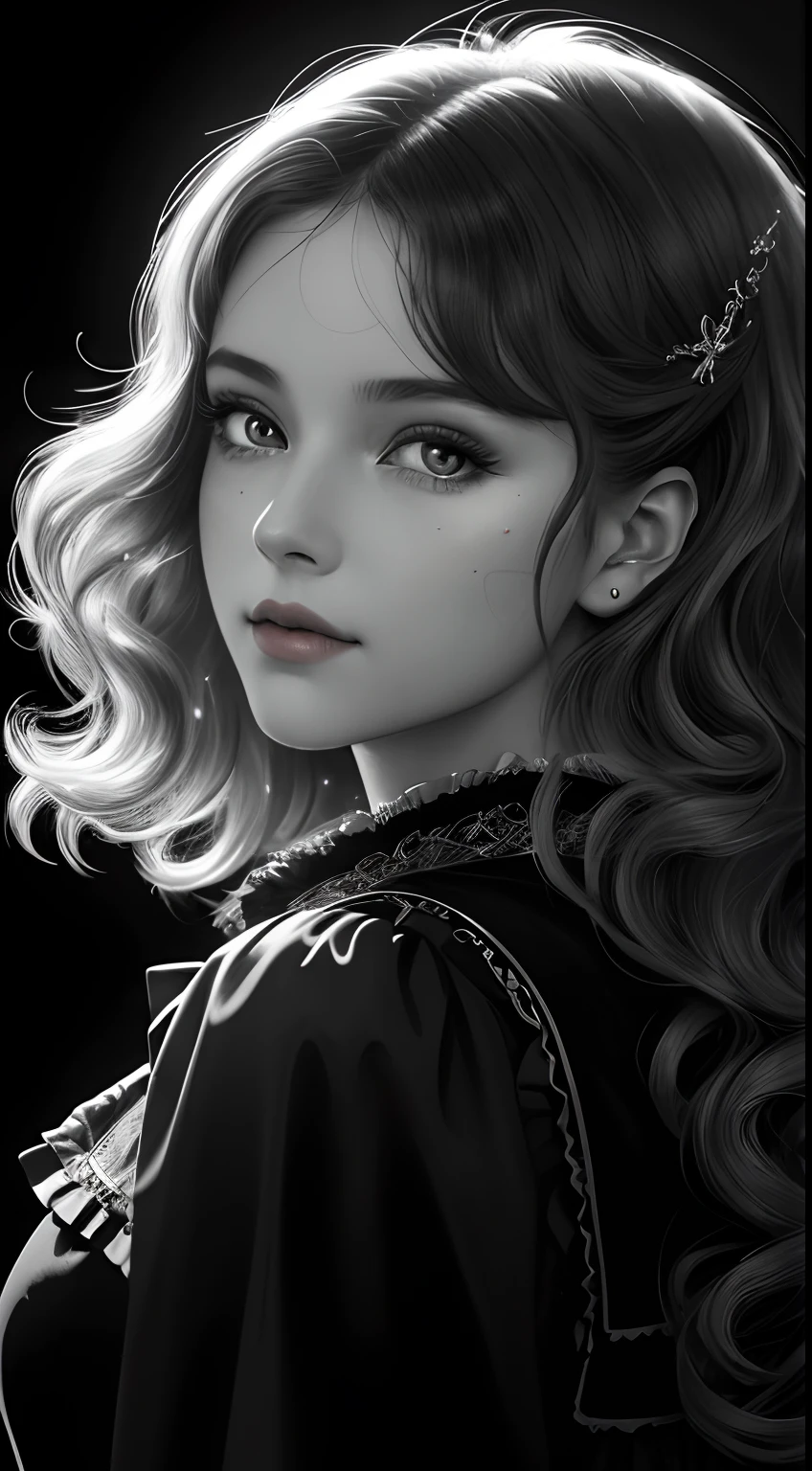 Russian Girl, Trends on ArtStation, Trends on CGSociety, Intricate, High Detail, Clear Focus, Dramatic, Realistic Art of Drawing, by Midjourney and Greg Rutkowski, ((Best Quality)), ((Masterpiece)), High Resolution, Original, Very Detailed Wallpaper, Very Delicate and Pretty, Illustration, Cinematic Light, Volumetric Light, Halo Effect, Light Particles, ((1girl)), beautifuldetailedeyes, longsleeves, hoodie, frills, noshadow, simplebackground, (((black background))), European, bright, (((1980s(style)))), cinema, silhouette, grayscale, monochrome, ((large wavy curls)), slit pupils, (((looking back))), cinematic angles, ((( (close-up))),(((portrait))), lens flare, seductive smile, tarot cards, medium hair