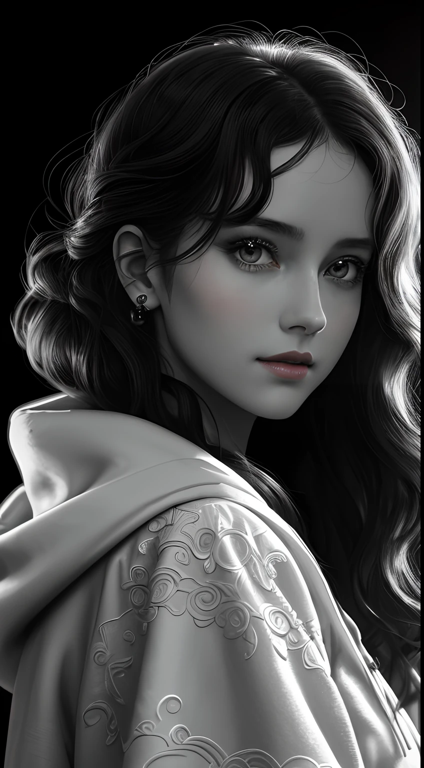 Russian Girl, Trends on ArtStation, Trends on CGSociety, Intricate, High Detail, Clear Focus, Dramatic, Realistic Art of Drawing, by Midjourney and Greg Rutkowski, ((Best Quality)), ((Masterpiece)), High Resolution, Original, Very Detailed Wallpaper, Very Delicate and Pretty, Illustration, Cinematic Light, Volumetric Light, Halo Effect, Light Particles, ((1girl)), beautifuldetailedeyes, longsleeves, hoodie, frills, noshadow, simplebackground, (((black background))), European, bright, (((1980s(style)))), cinema, silhouette, grayscale, monochrome, ((large wavy curls)), slit pupils, (((looking back))), cinematic angles, ((( (close-up))),(((portrait))), lens flare, seductive smile, tarot cards, medium hair