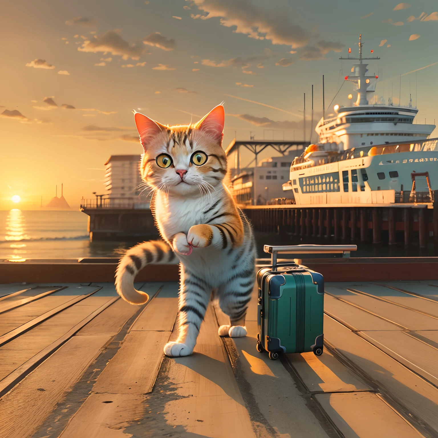 A round-eyed cat, Pushing the suitcase, Walk by the pier and wait for the cruise, the sunset.